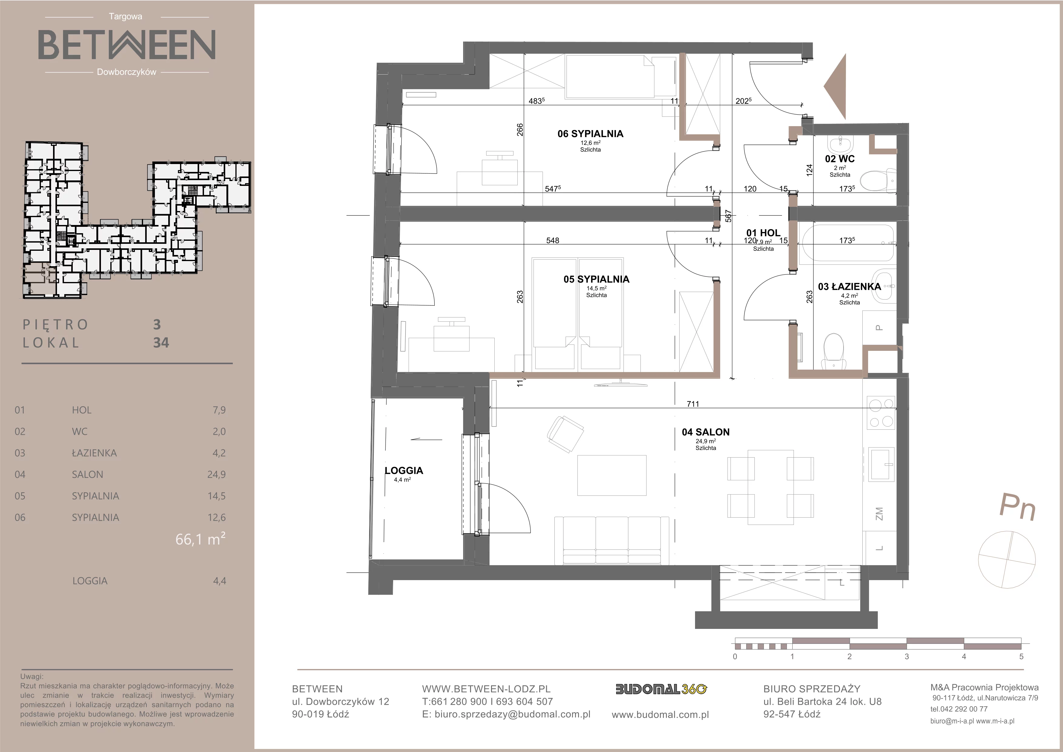 3 pokoje, mieszkanie 66,40 m², piętro 3, oferta nr 34, Between, Łódź, Śródmieście, ul. Dowborczyków 12