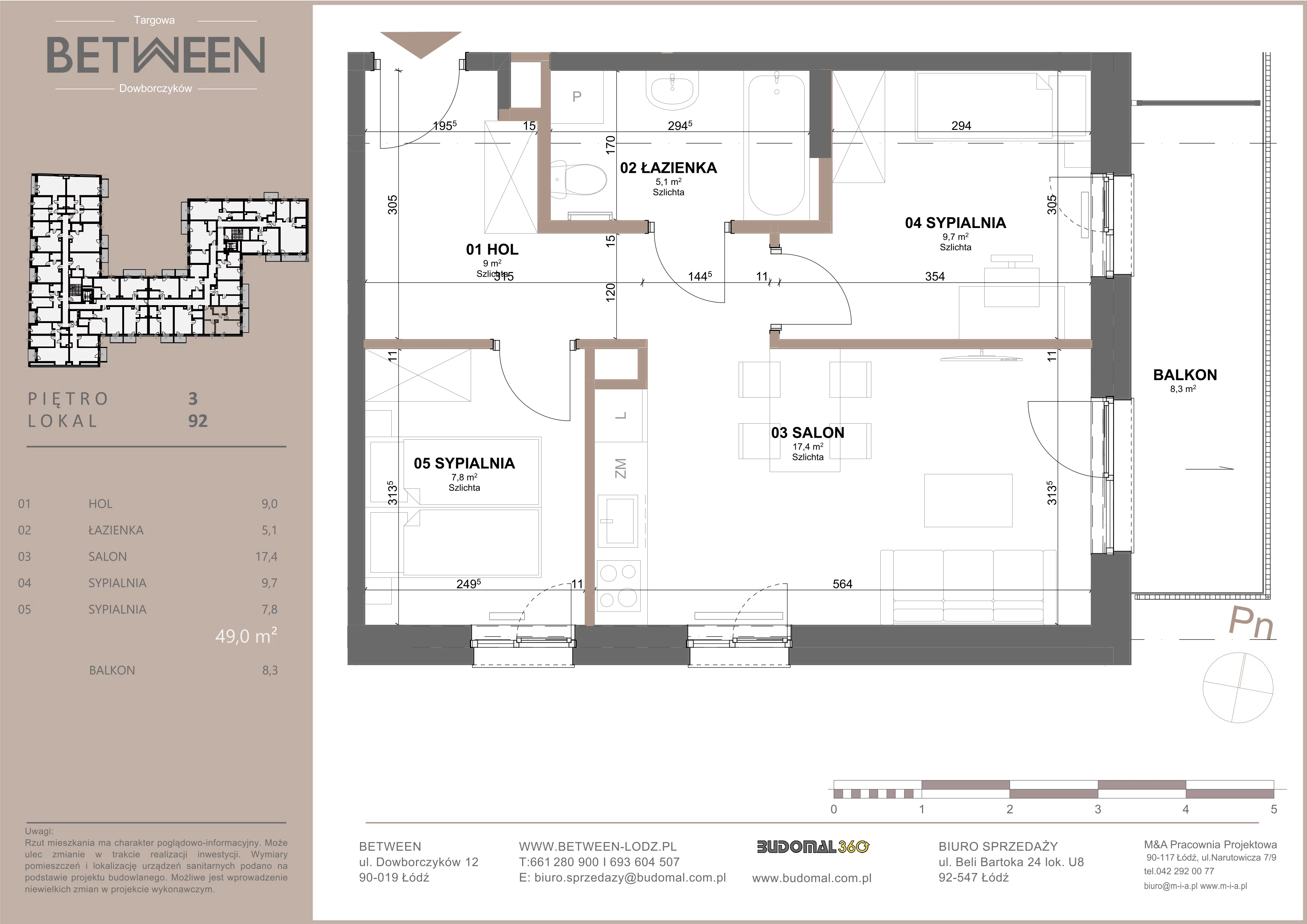 3 pokoje, mieszkanie 49,05 m², piętro 3, oferta nr 92, Between, Łódź, Śródmieście, ul. Dowborczyków 12