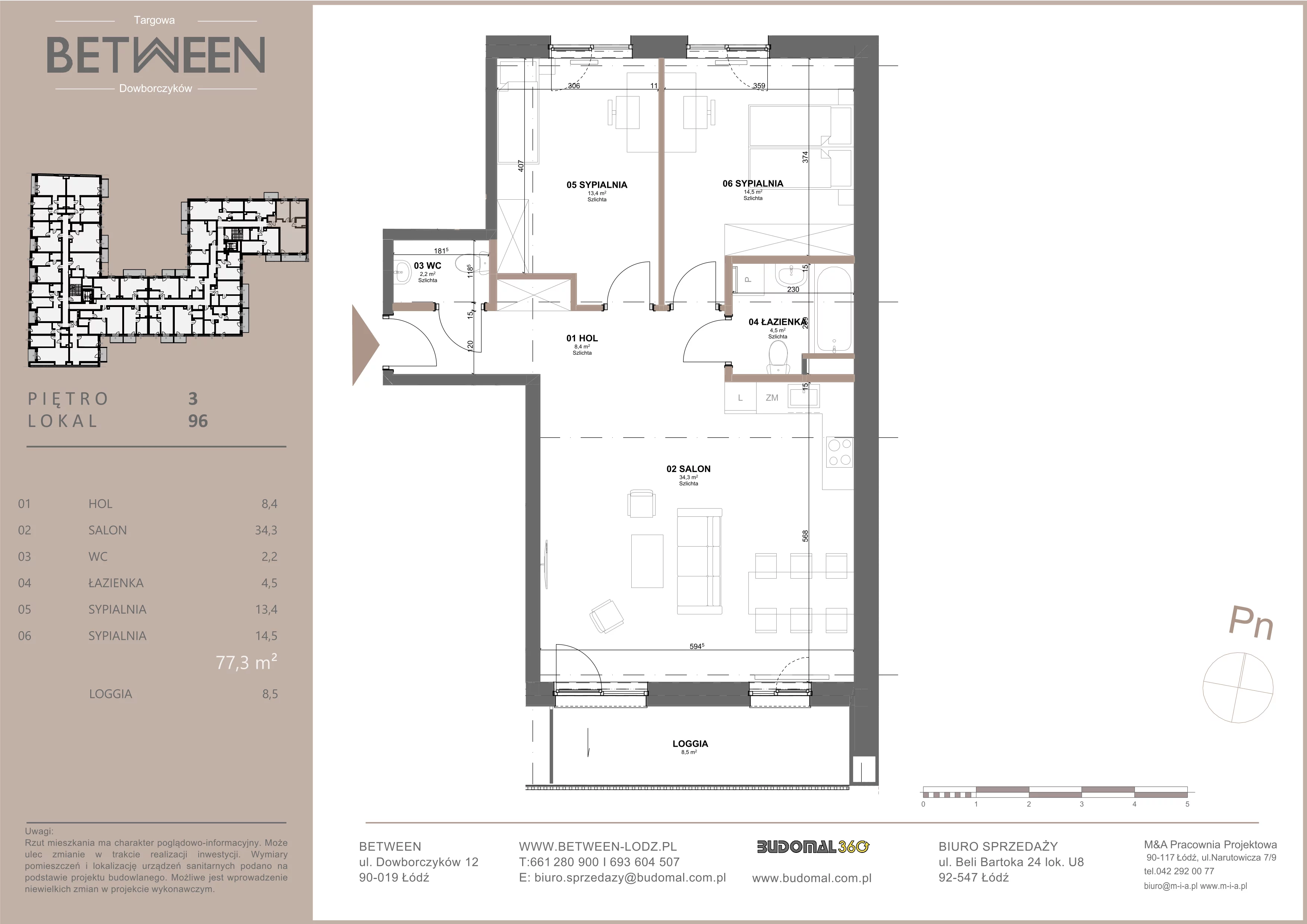 3 pokoje, mieszkanie 77,45 m², piętro 3, oferta nr 96, Between, Łódź, Śródmieście, ul. Dowborczyków 12