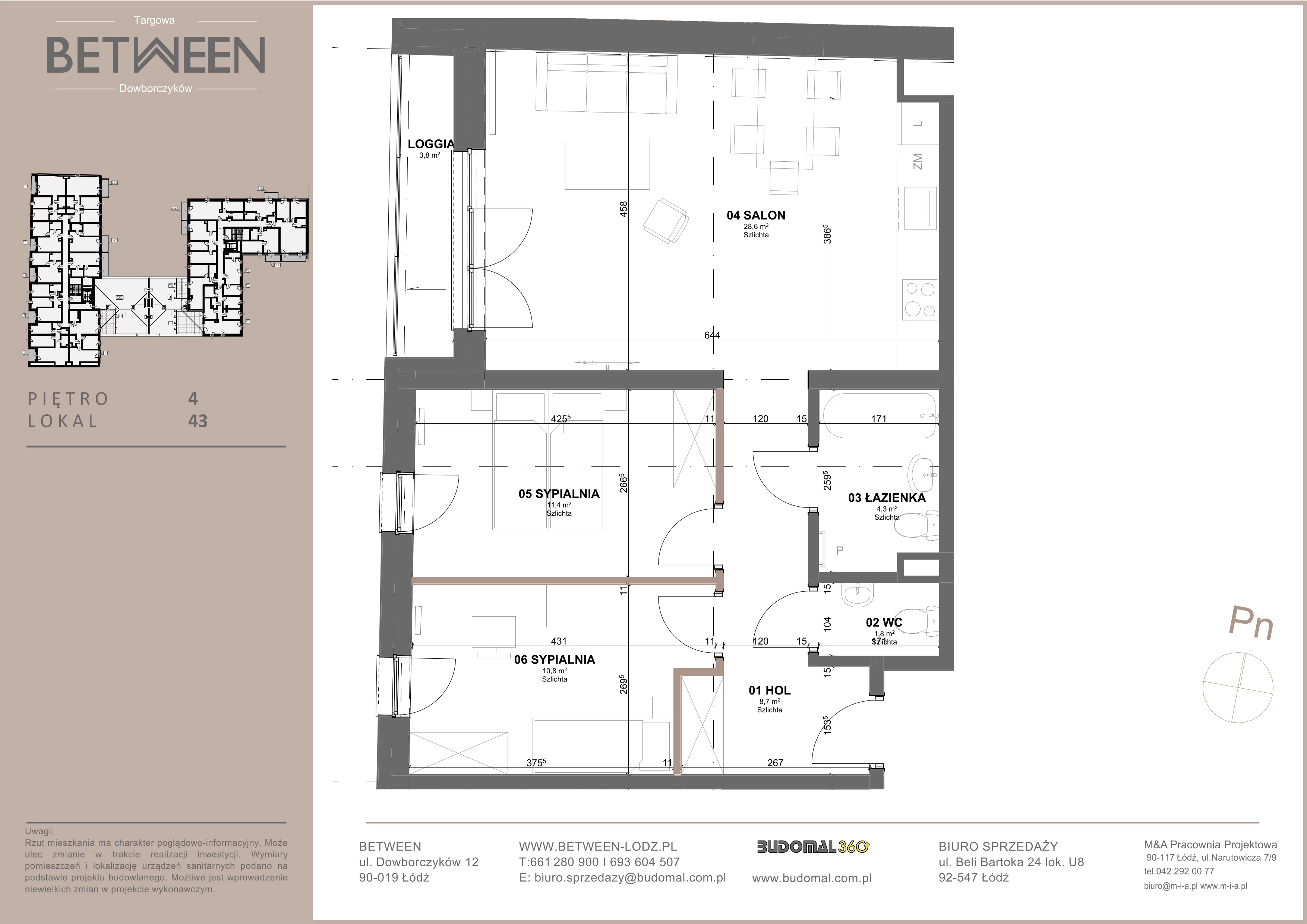 3 pokoje, mieszkanie 66,18 m², piętro 4, oferta nr 43, Between, Łódź, Śródmieście, ul. Dowborczyków 12