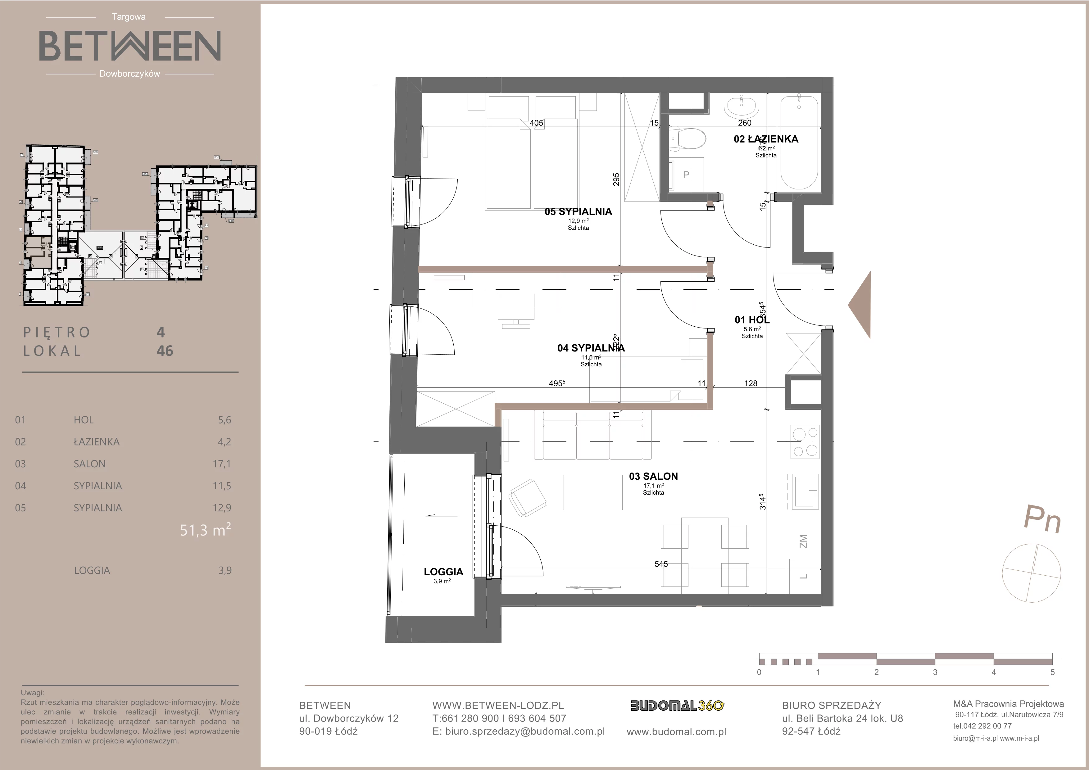 3 pokoje, mieszkanie 51,21 m², piętro 4, oferta nr 46, Between, Łódź, Śródmieście, ul. Dowborczyków 12