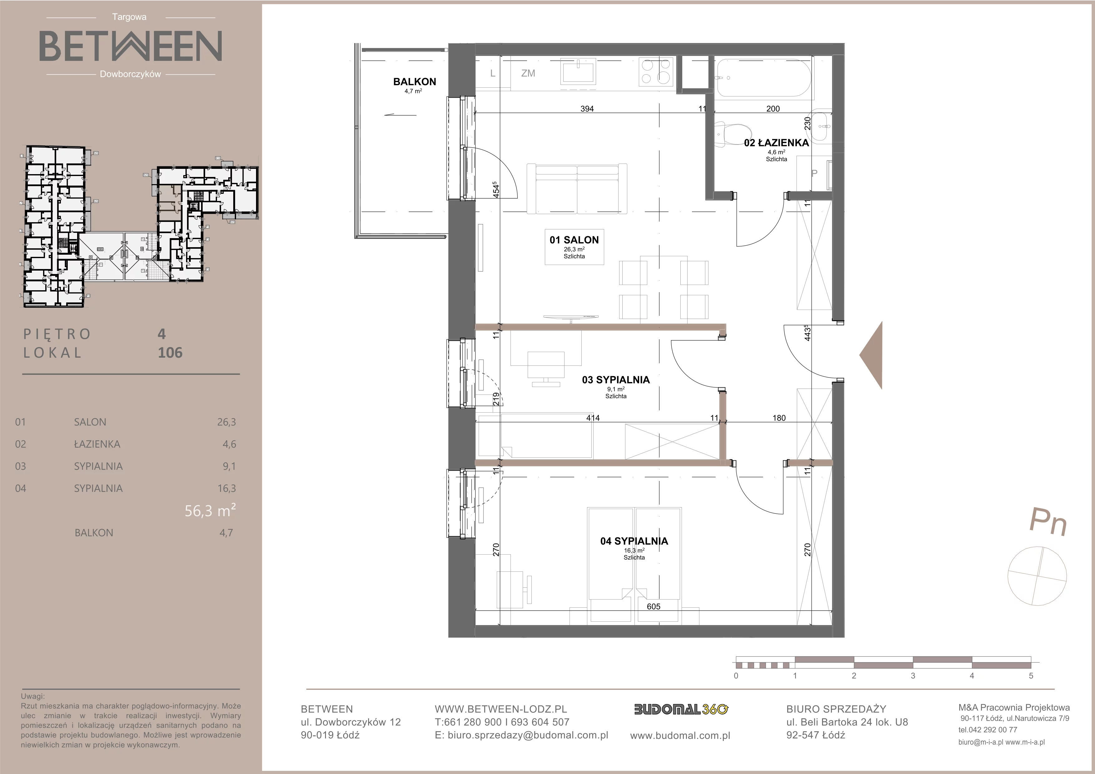 3 pokoje, mieszkanie 56,23 m², piętro 4, oferta nr 106, Between, Łódź, Śródmieście, ul. Dowborczyków 12