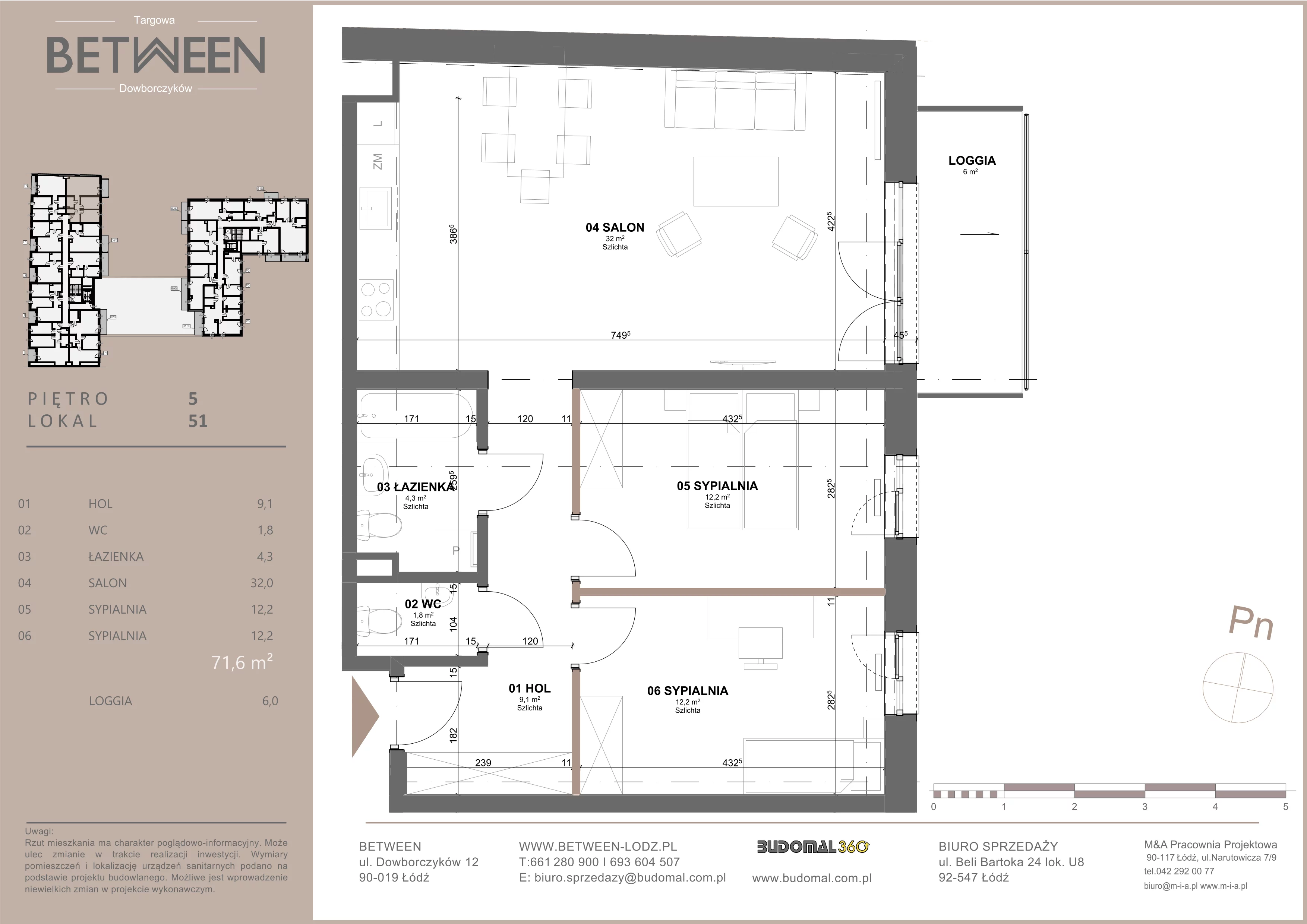 3 pokoje, mieszkanie 71,98 m², piętro 5, oferta nr 51, Between, Łódź, Śródmieście, ul. Dowborczyków 12