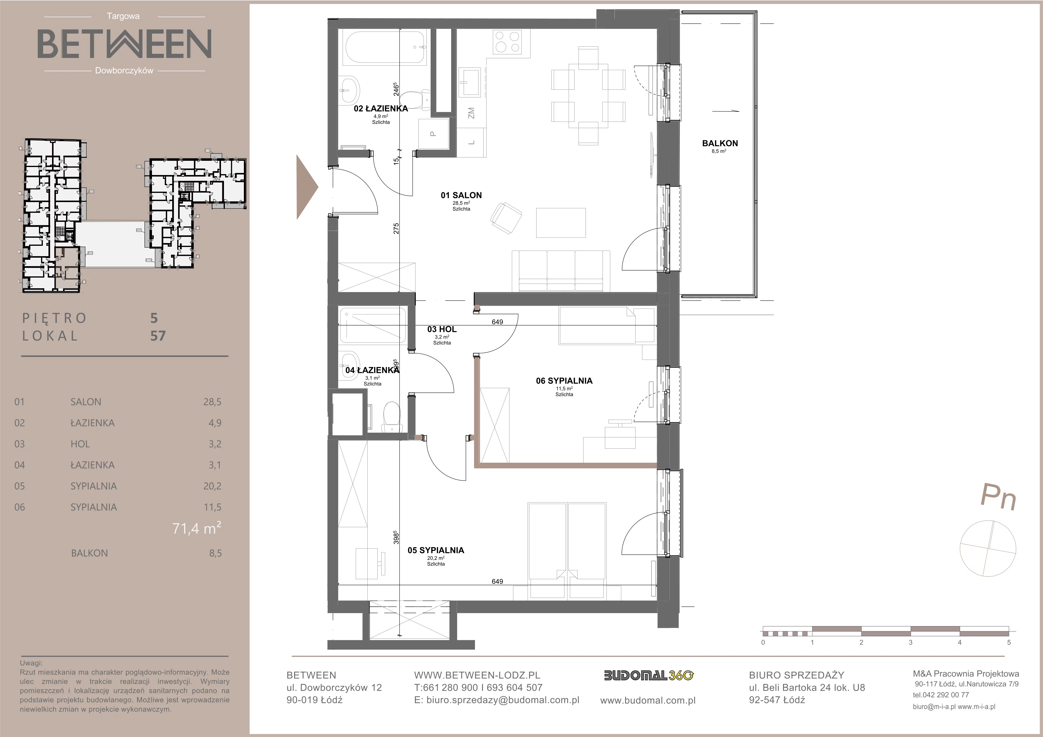 3 pokoje, mieszkanie 71,91 m², piętro 5, oferta nr 57, Between, Łódź, Śródmieście, ul. Dowborczyków 12