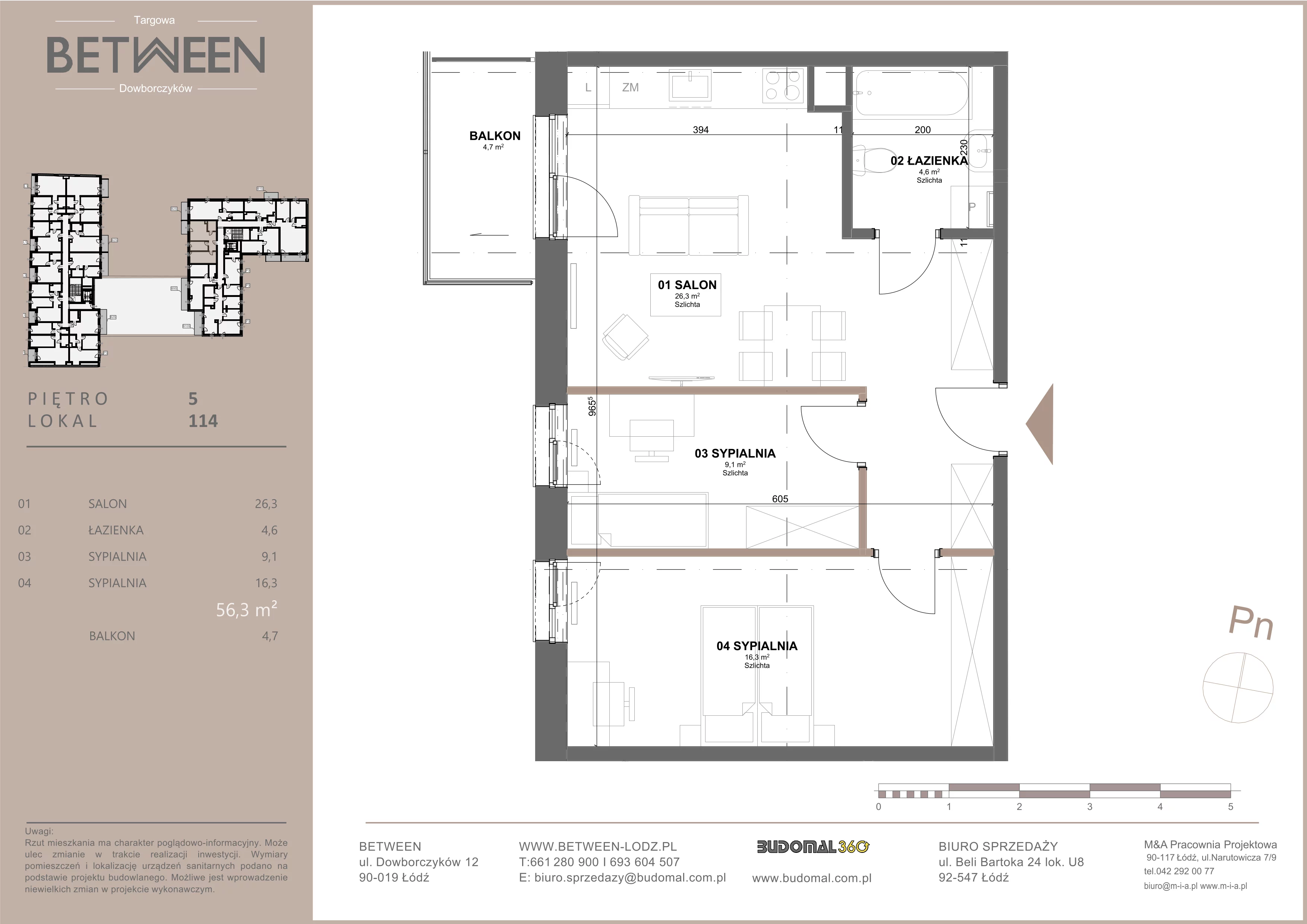 3 pokoje, mieszkanie 56,15 m², piętro 5, oferta nr 114, Between, Łódź, Śródmieście, ul. Dowborczyków 12