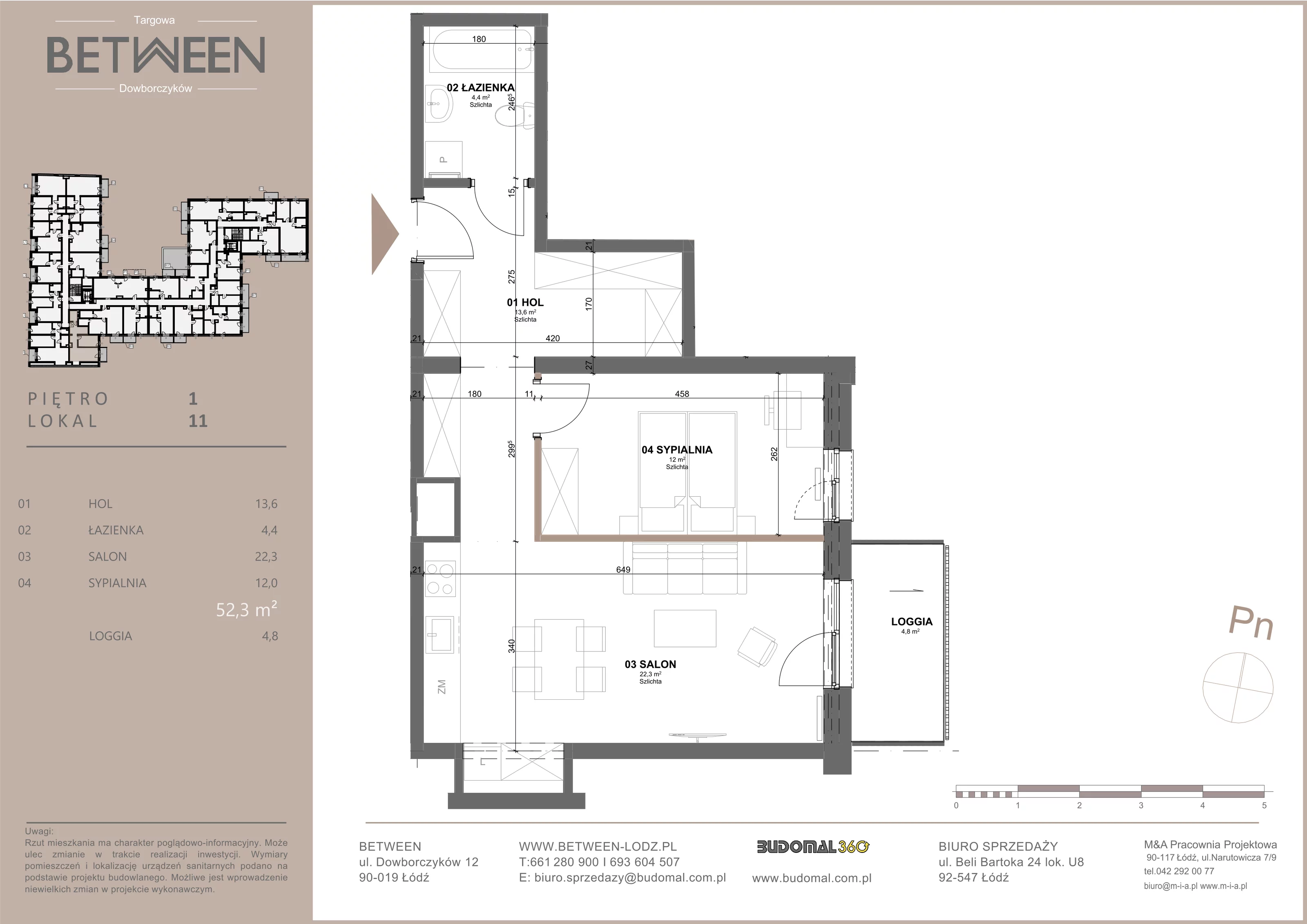 Mieszkanie 52,50 m², piętro 1, oferta nr 11, Between, Łódź, Widzew, ul. Dowborczyków 12