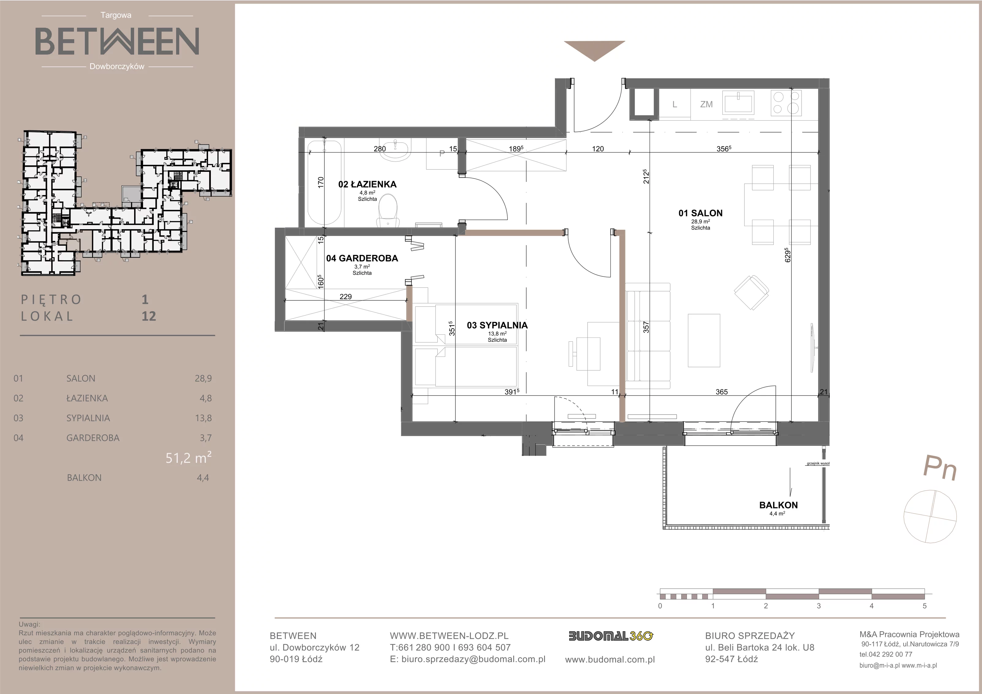 Mieszkanie 51,20 m², piętro 1, oferta nr 12, Between, Łódź, Widzew, ul. Dowborczyków 12