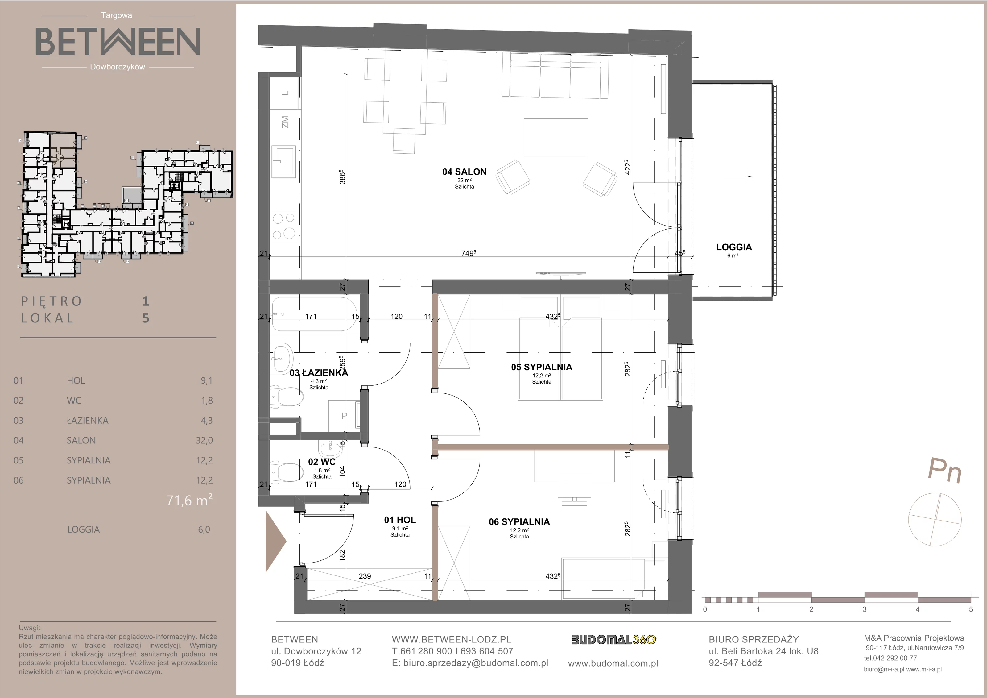 Mieszkanie 71,60 m², piętro 1, oferta nr 5, Between, Łódź, Widzew, ul. Dowborczyków 12