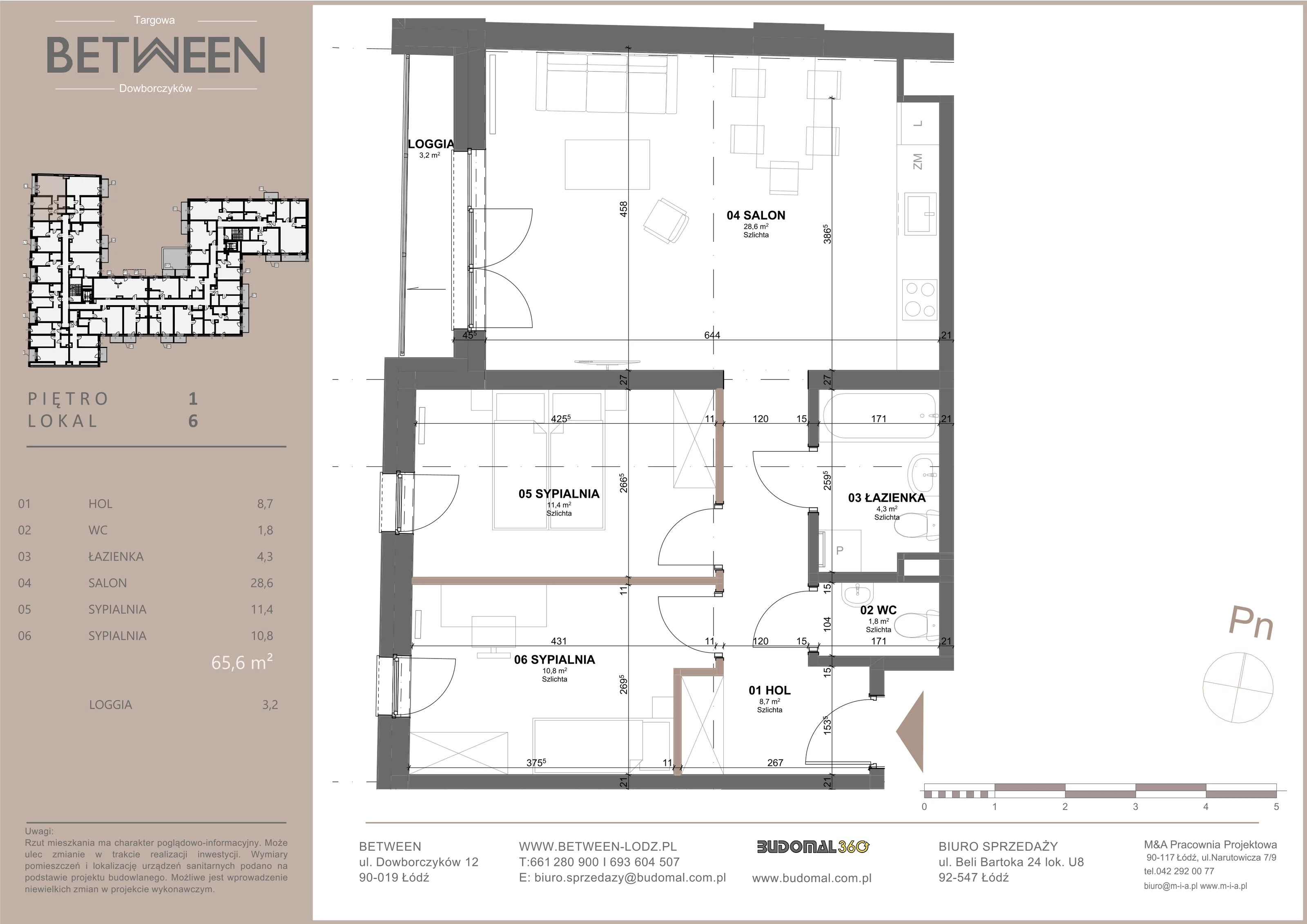 Mieszkanie 65,60 m², piętro 1, oferta nr 6, Between, Łódź, Widzew, ul. Dowborczyków 12