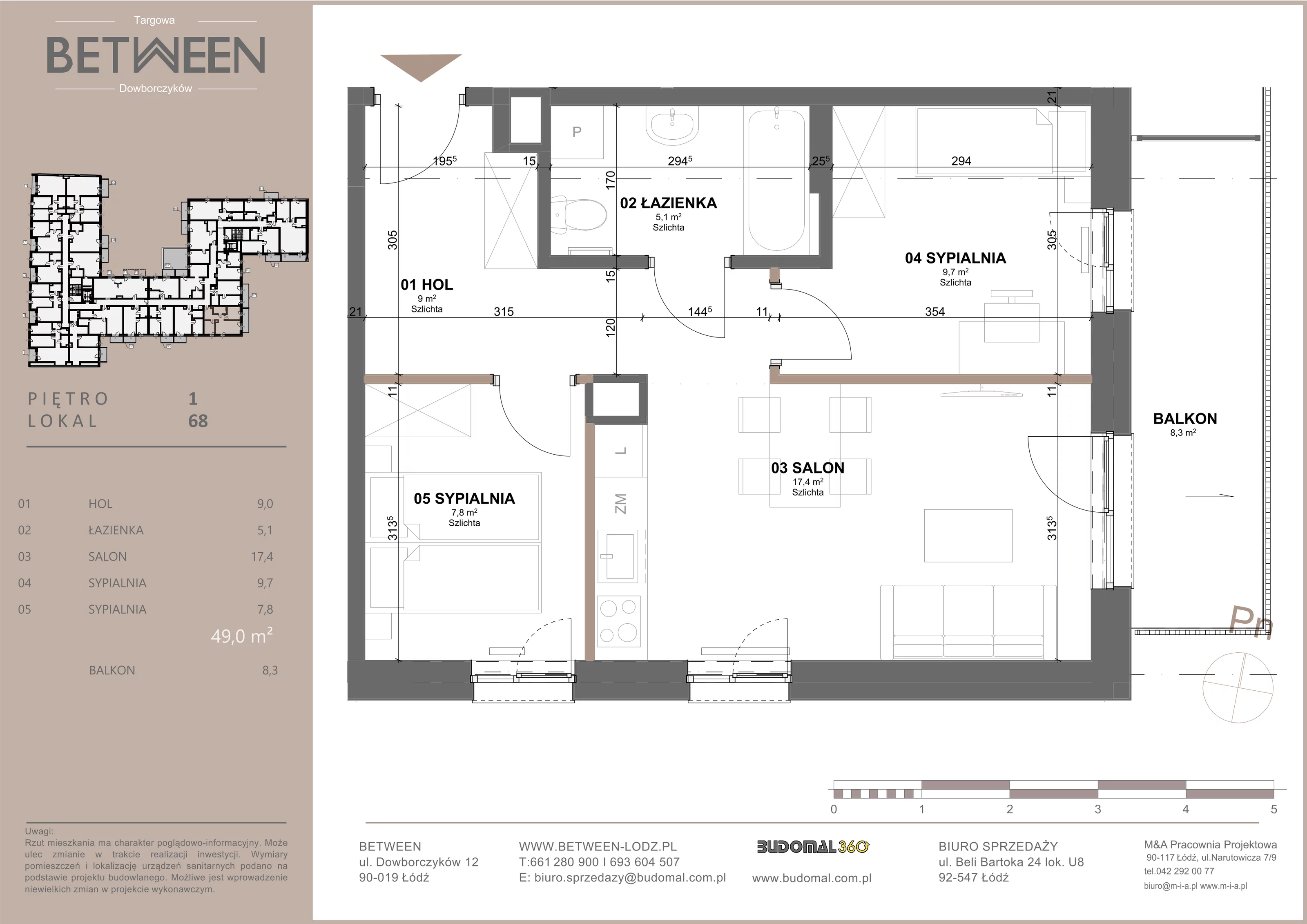 Mieszkanie 49,00 m², piętro 1, oferta nr 68, Between, Łódź, Widzew, ul. Dowborczyków 12