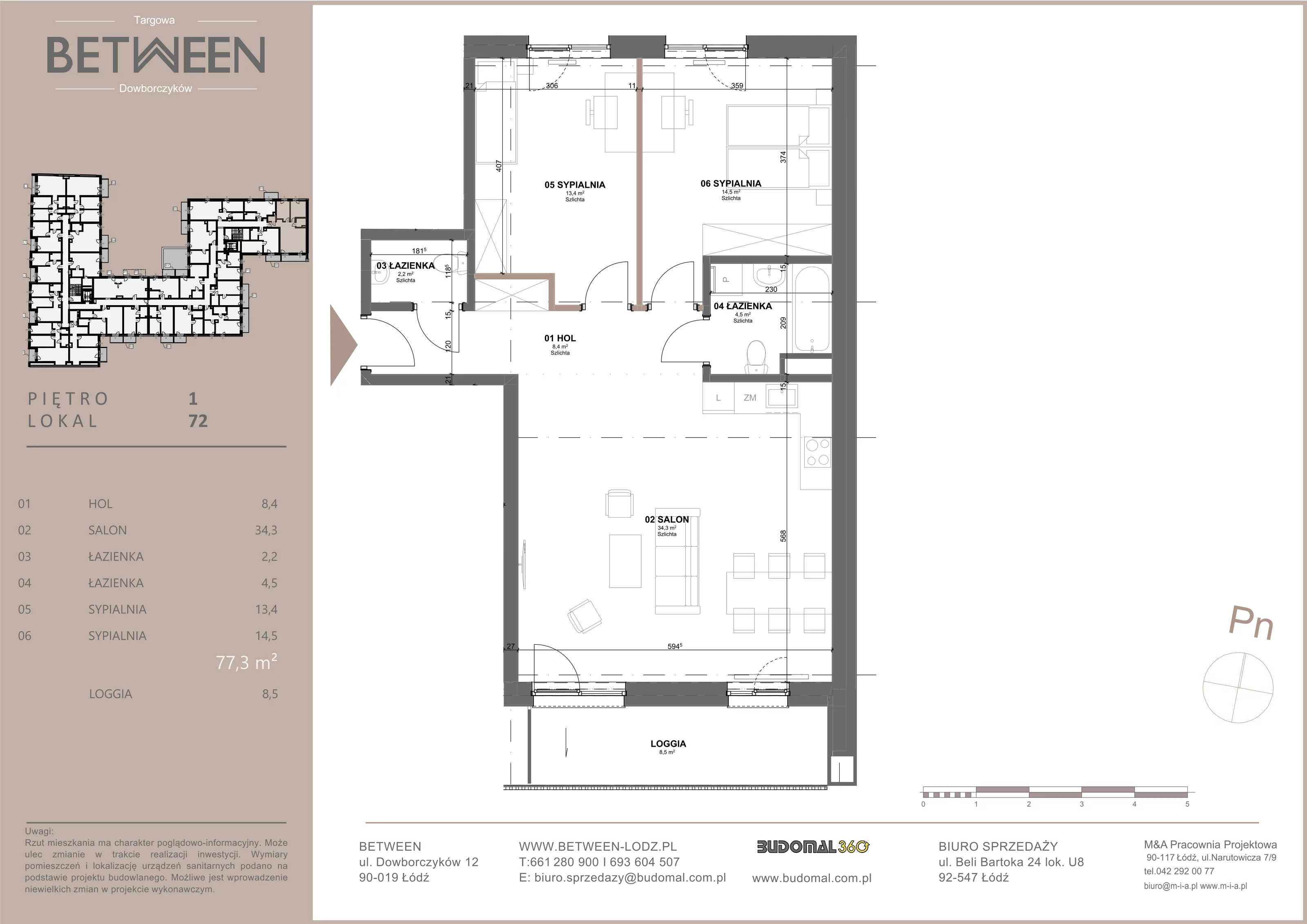 3 pokoje, mieszkanie 77,30 m², piętro 1, oferta nr 72, Between, Łódź, Widzew, ul. Dowborczyków 12