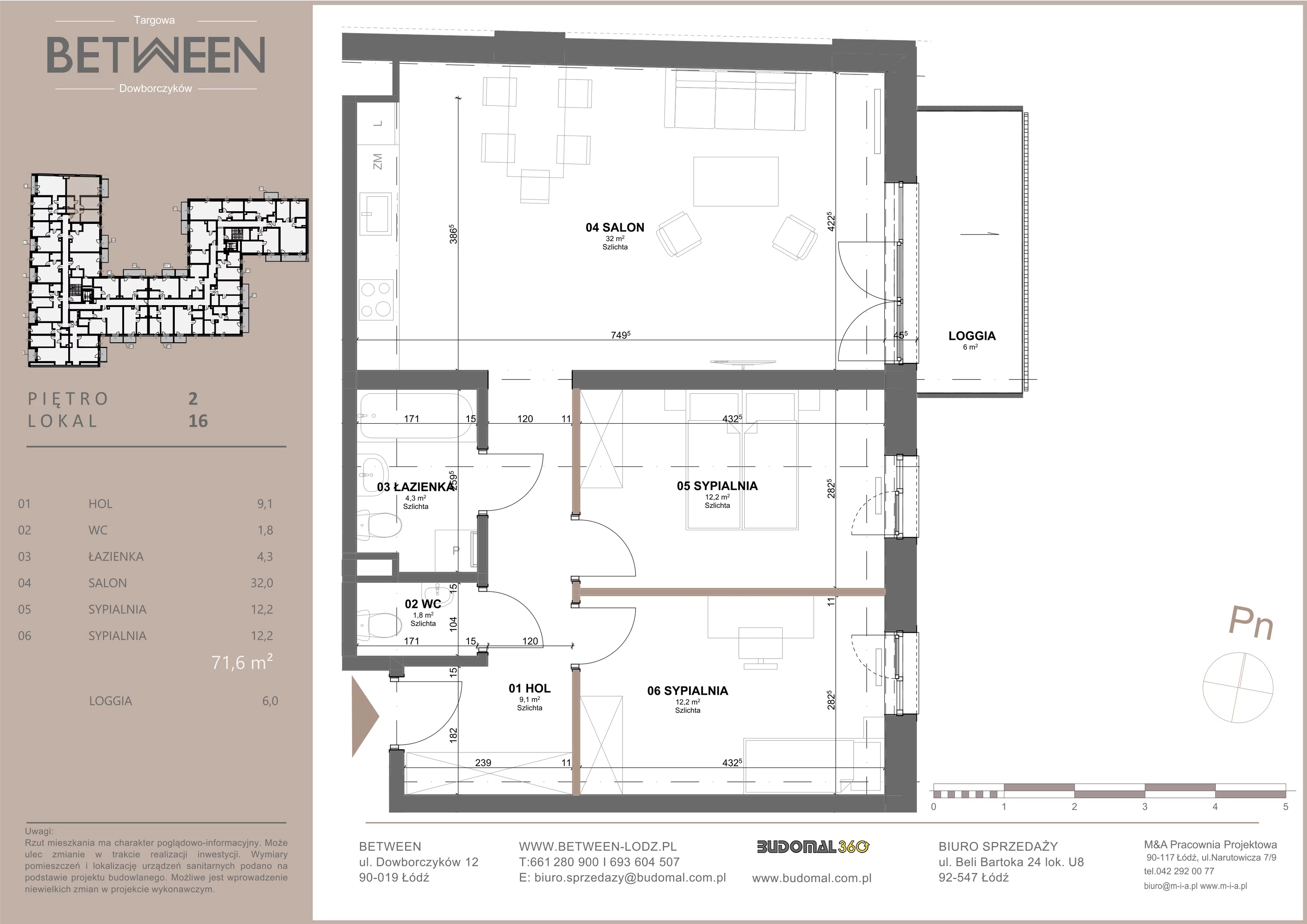 Mieszkanie 71,60 m², piętro 2, oferta nr 16, Between, Łódź, Widzew, ul. Dowborczyków 12