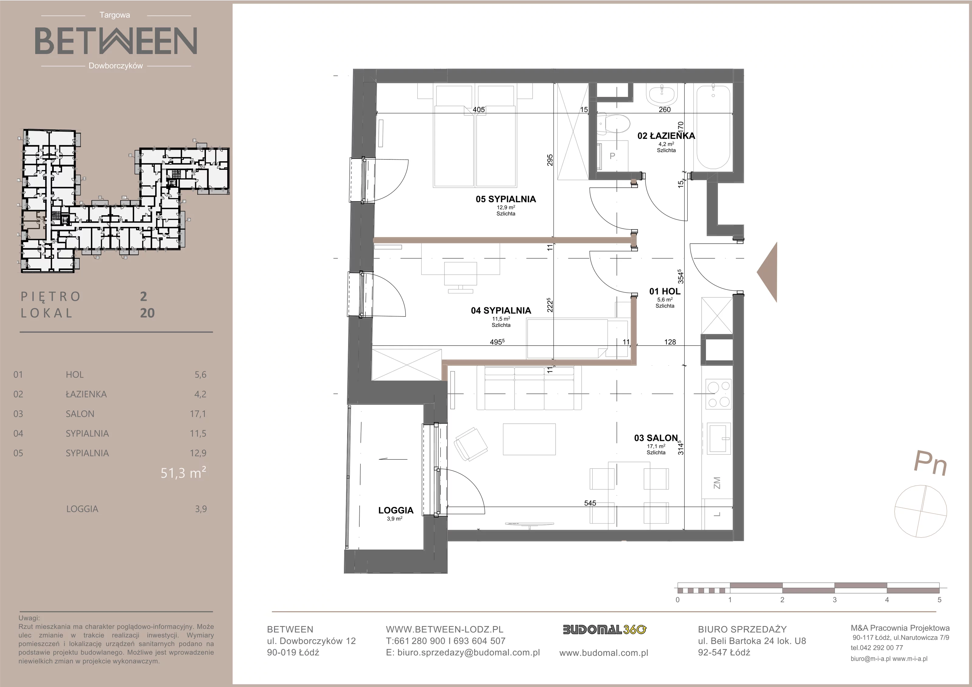 Mieszkanie 51,30 m², piętro 2, oferta nr 20, Between, Łódź, Widzew, ul. Dowborczyków 12