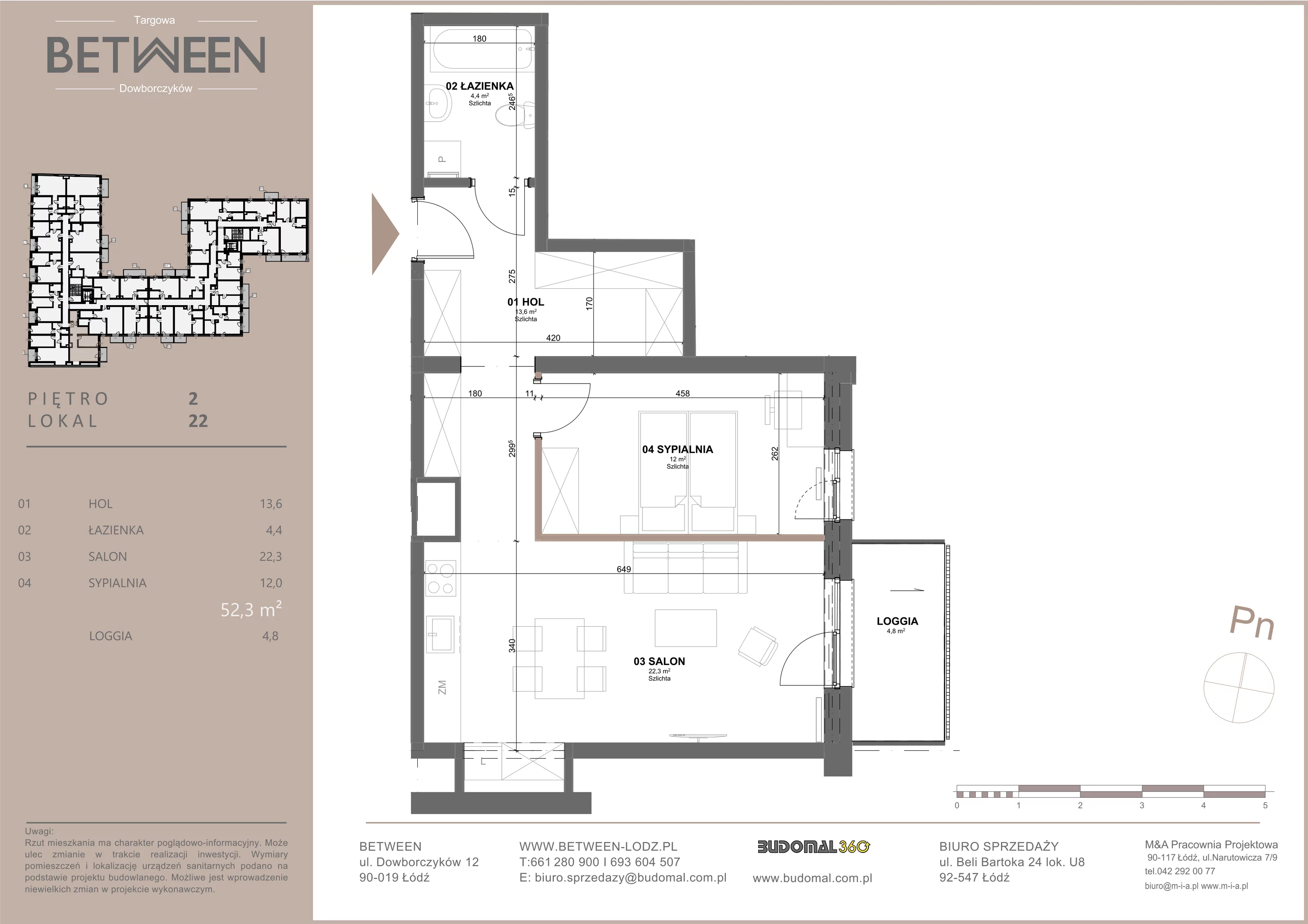 Mieszkanie 52,60 m², piętro 2, oferta nr 22, Between, Łódź, Widzew, ul. Dowborczyków 12