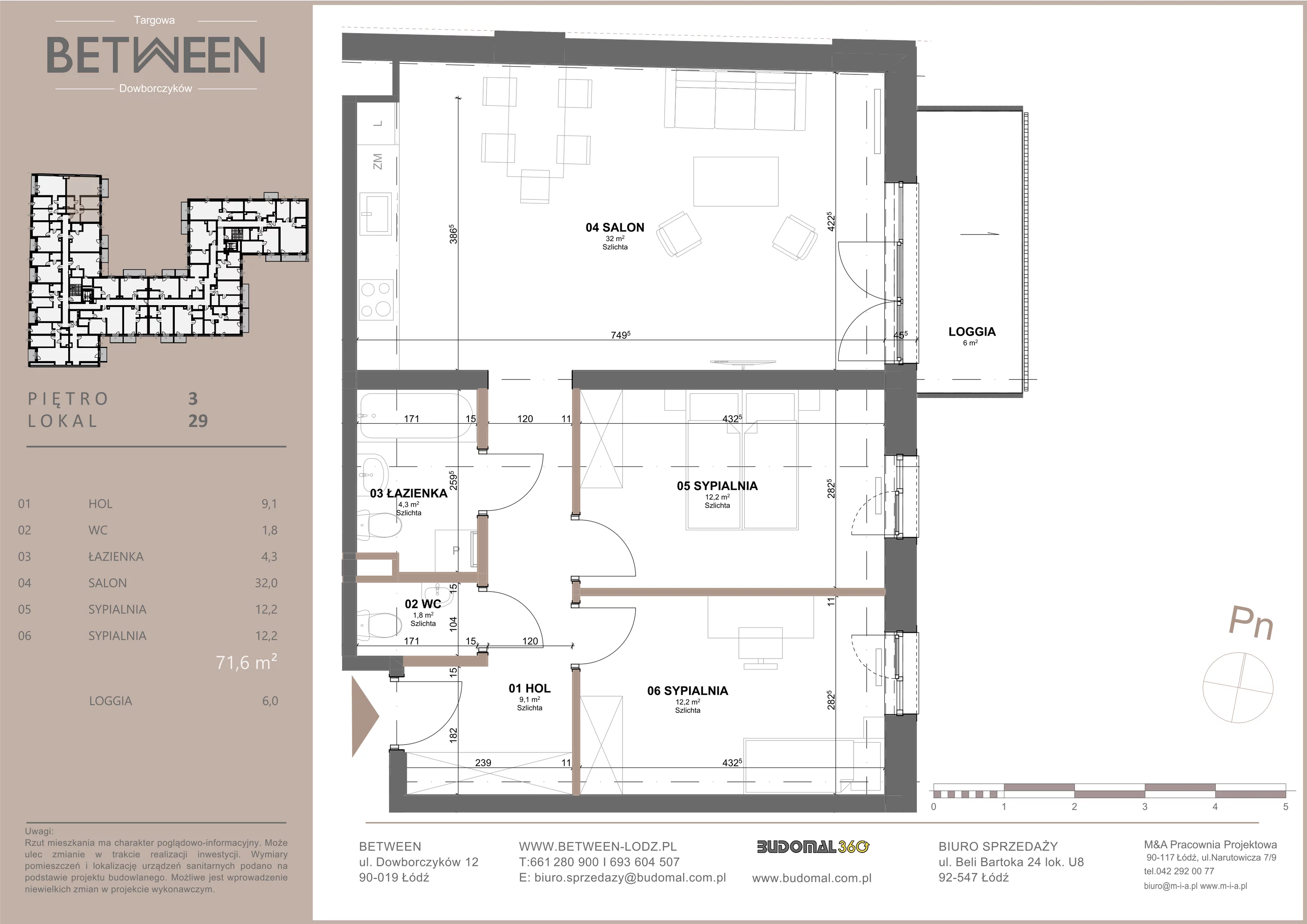 Mieszkanie 71,60 m², piętro 3, oferta nr 29, Between, Łódź, Widzew, ul. Dowborczyków 12