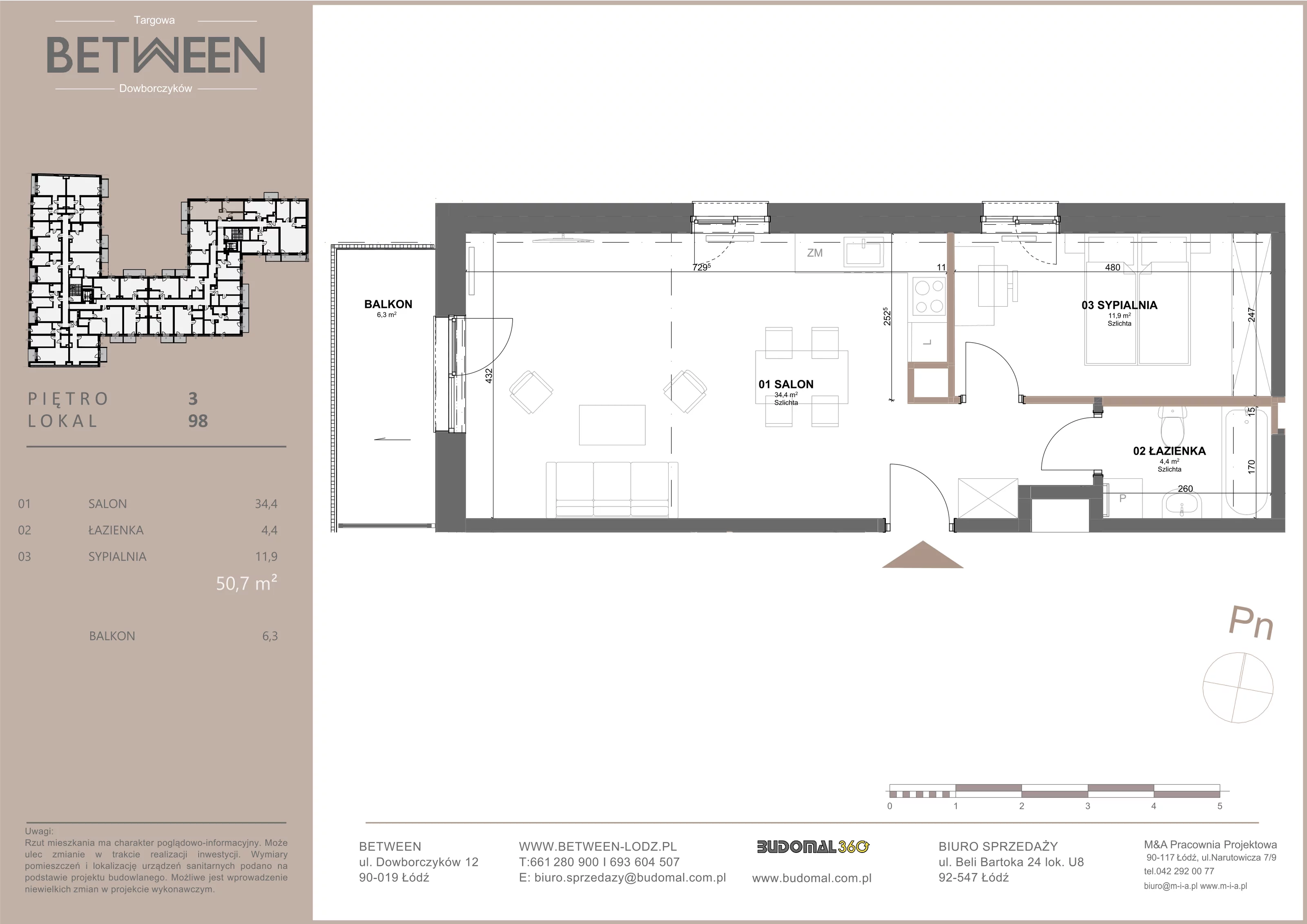 Mieszkanie 50,70 m², piętro 3, oferta nr 98, Between, Łódź, Widzew, ul. Dowborczyków 12