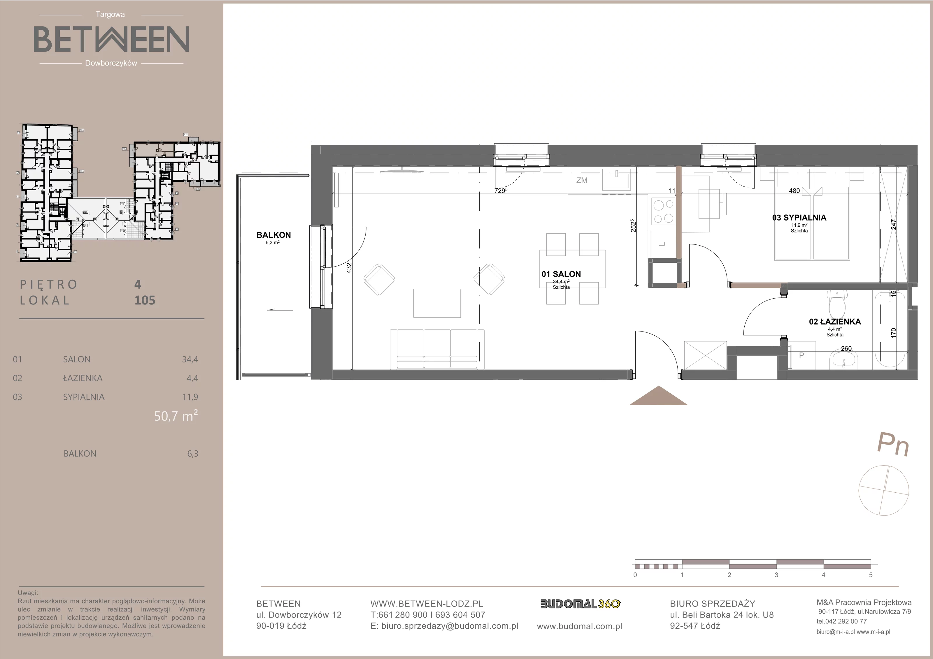 Mieszkanie 50,70 m², piętro 4, oferta nr 105, Between, Łódź, Widzew, ul. Dowborczyków 12