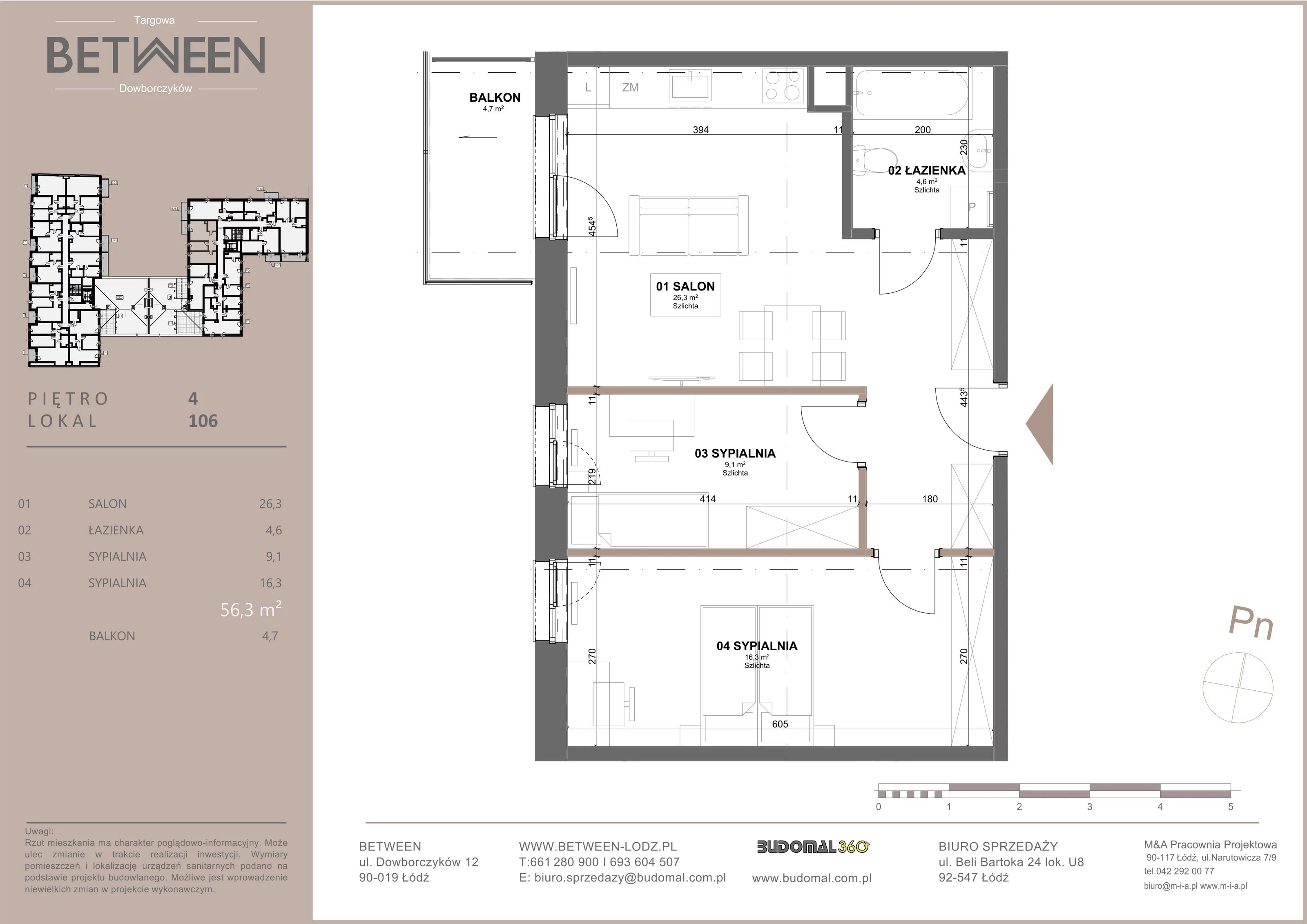 Mieszkanie 56,30 m², piętro 4, oferta nr 106, Between, Łódź, Widzew, ul. Dowborczyków 12-idx