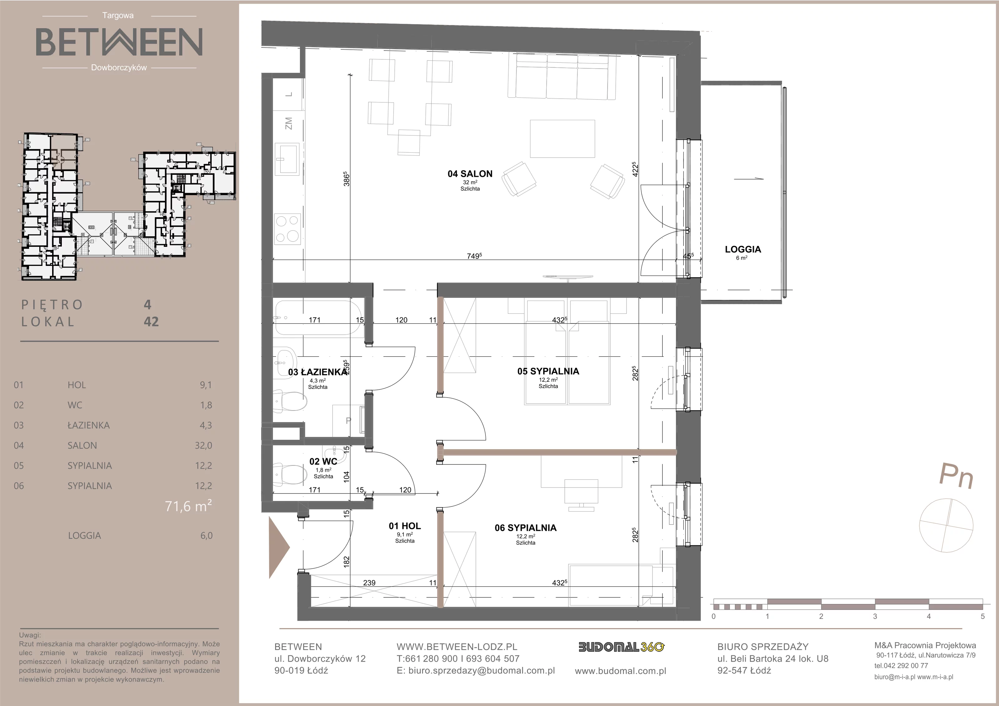 Mieszkanie 71,60 m², piętro 4, oferta nr 42, Between, Łódź, Widzew, ul. Dowborczyków 12