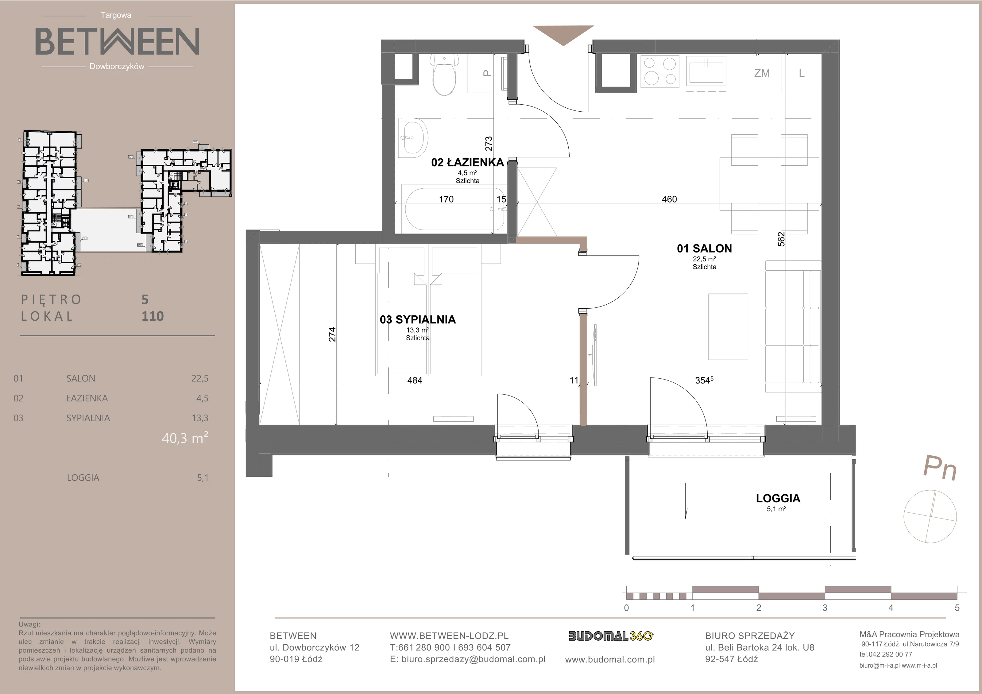 Mieszkanie 40,30 m², piętro 5, oferta nr 110, Between, Łódź, Widzew, ul. Dowborczyków 12