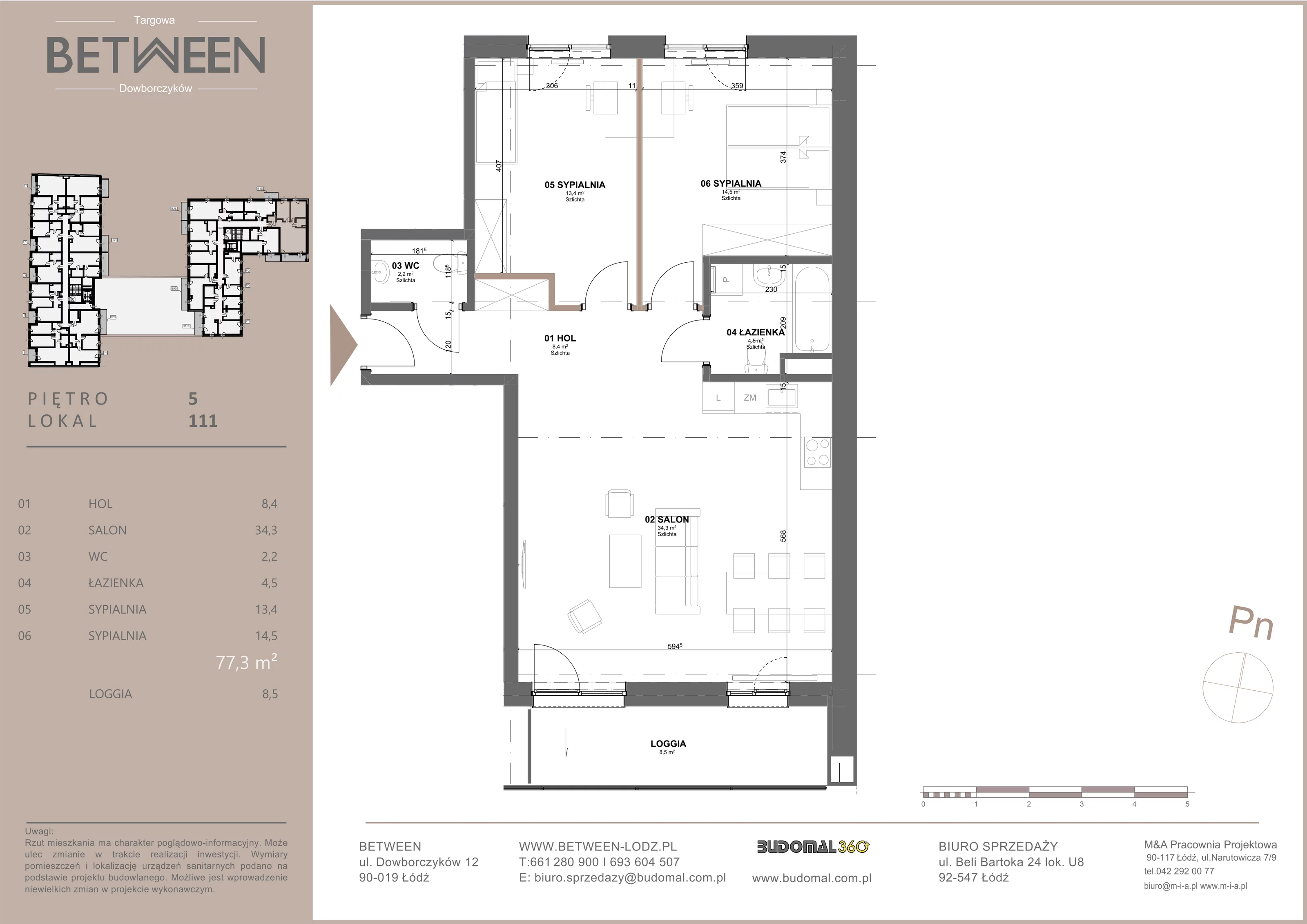 3 pokoje, mieszkanie 77,30 m², piętro 5, oferta nr 111, Between, Łódź, Widzew, ul. Dowborczyków 12