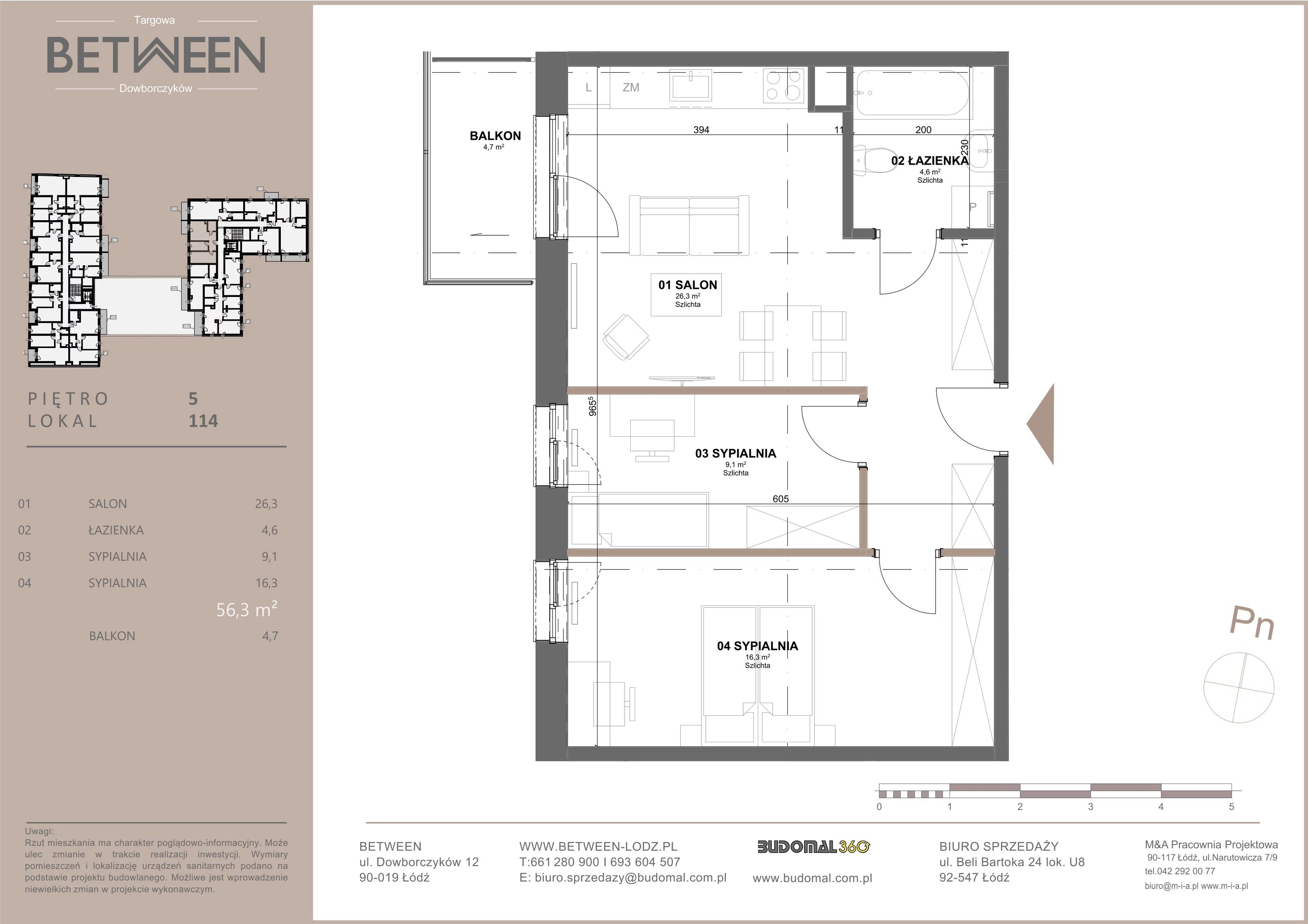 Mieszkanie 56,30 m², piętro 5, oferta nr 114, Between, Łódź, Widzew, ul. Dowborczyków 12