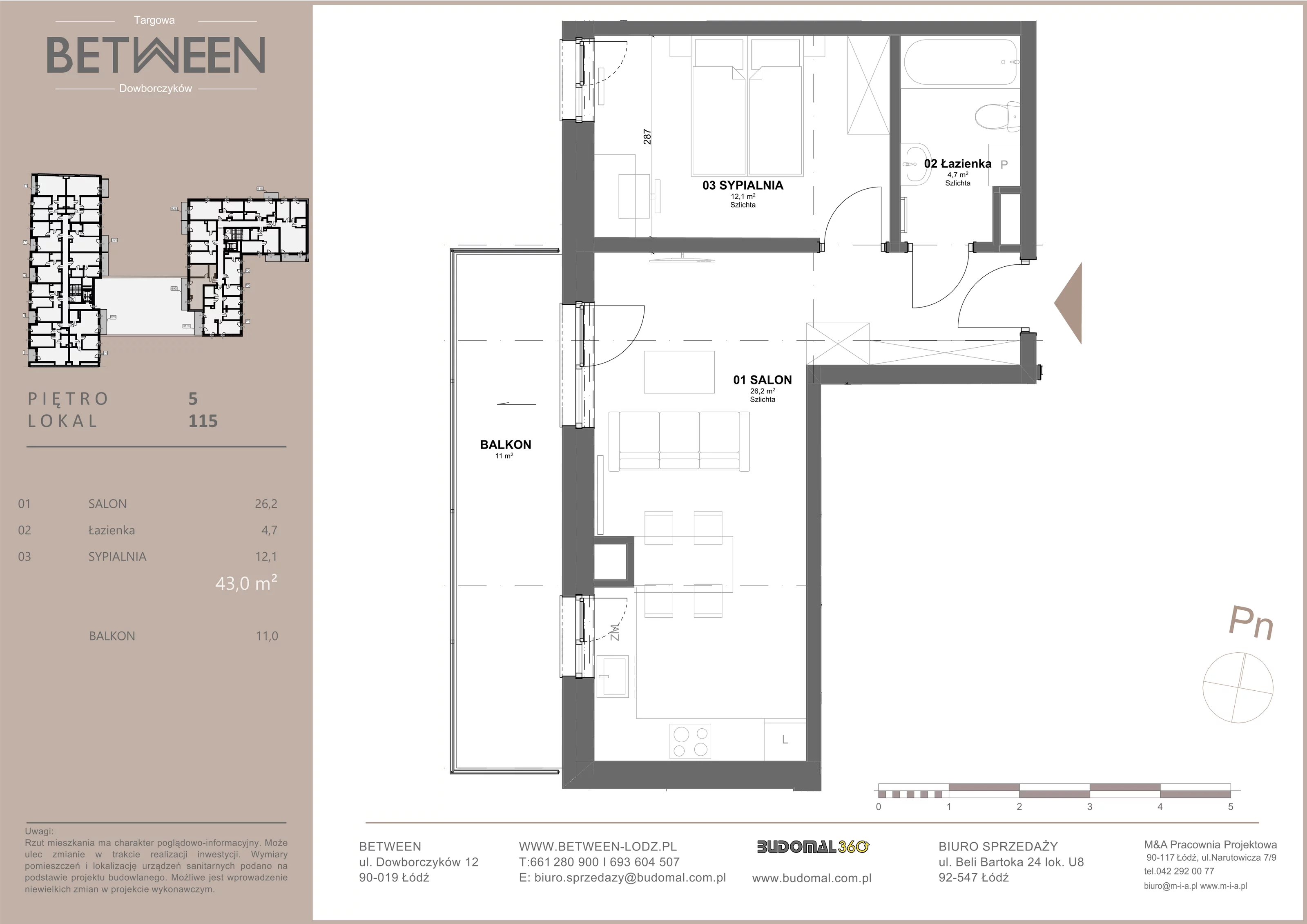 Mieszkanie 43,00 m², piętro 5, oferta nr 115, Between, Łódź, Widzew, ul. Dowborczyków 12