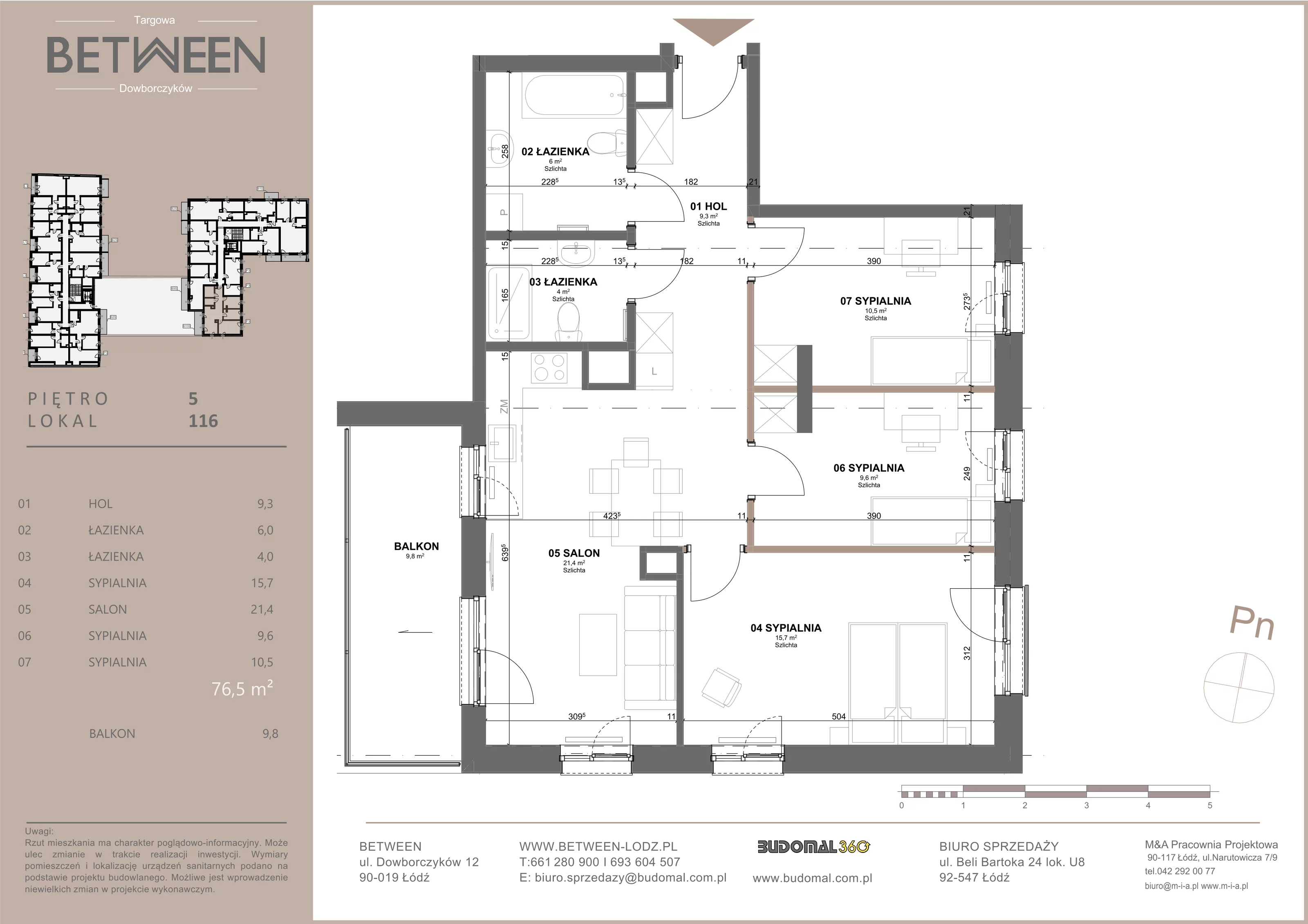 4 pokoje, mieszkanie 76,50 m², piętro 5, oferta nr 116, Between, Łódź, Widzew, ul. Dowborczyków 12