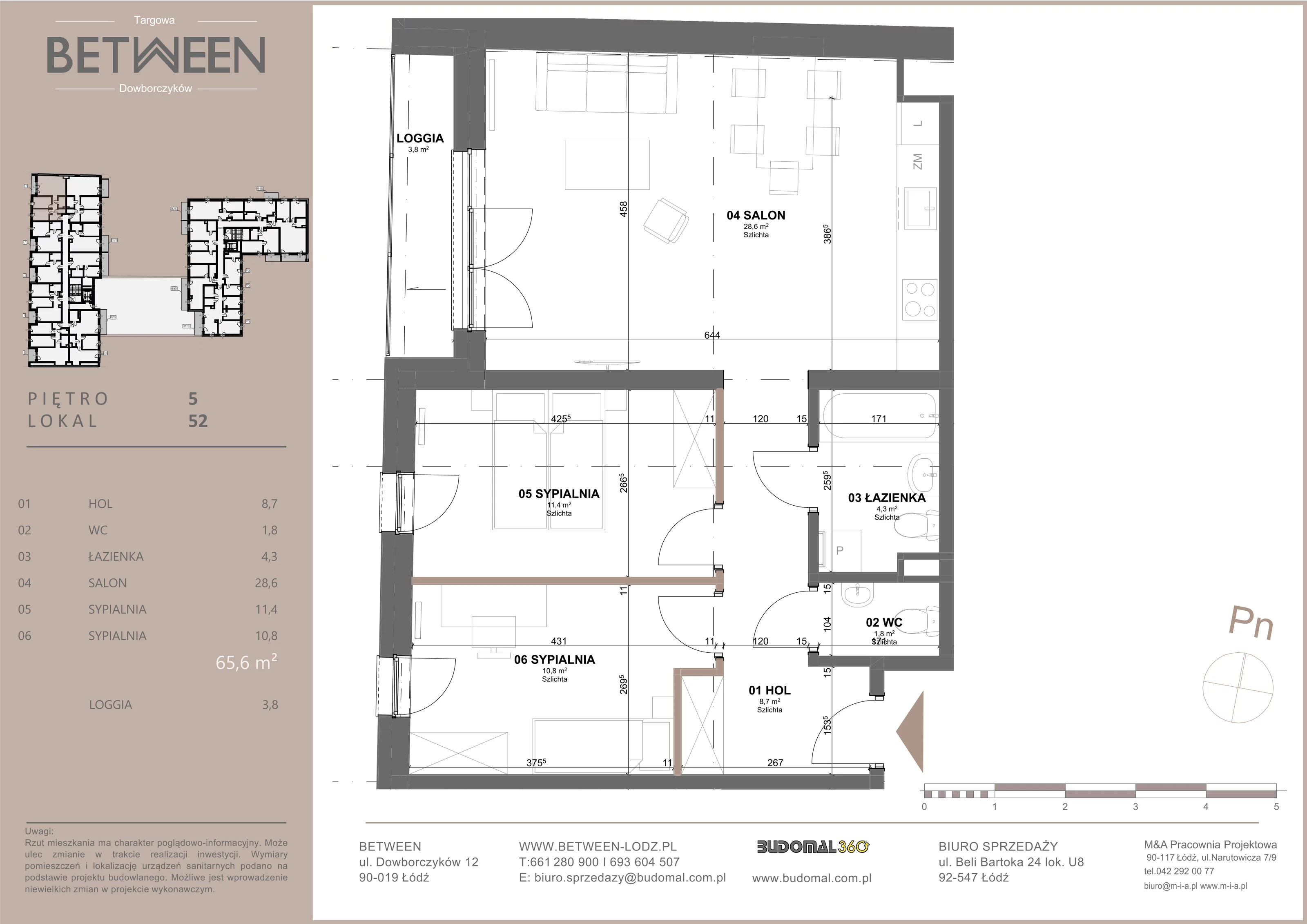 Mieszkanie 65,60 m², piętro 5, oferta nr 52, Between, Łódź, Widzew, ul. Dowborczyków 12