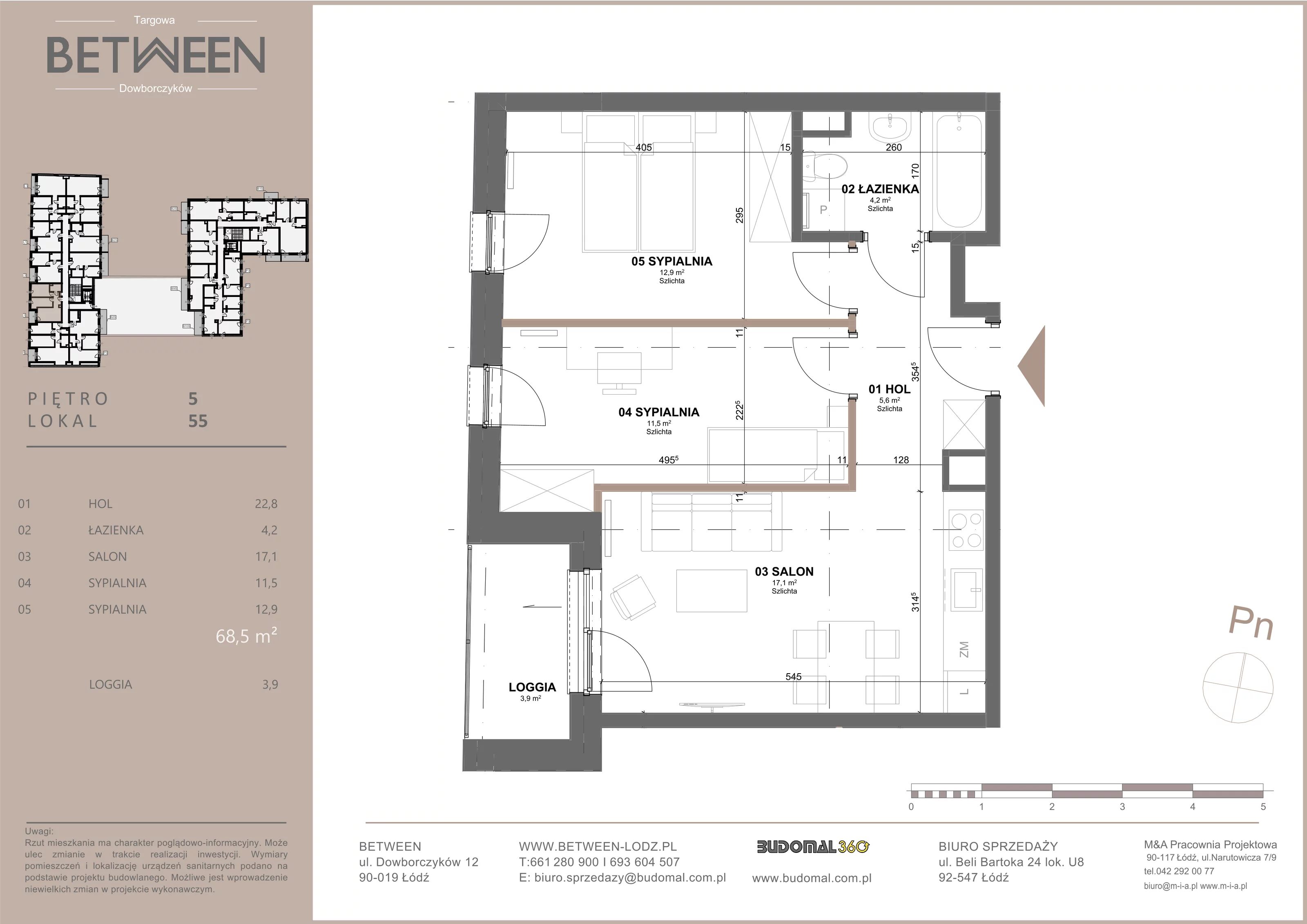 Mieszkanie 68,50 m², piętro 5, oferta nr 55, Between, Łódź, Widzew, ul. Dowborczyków 12