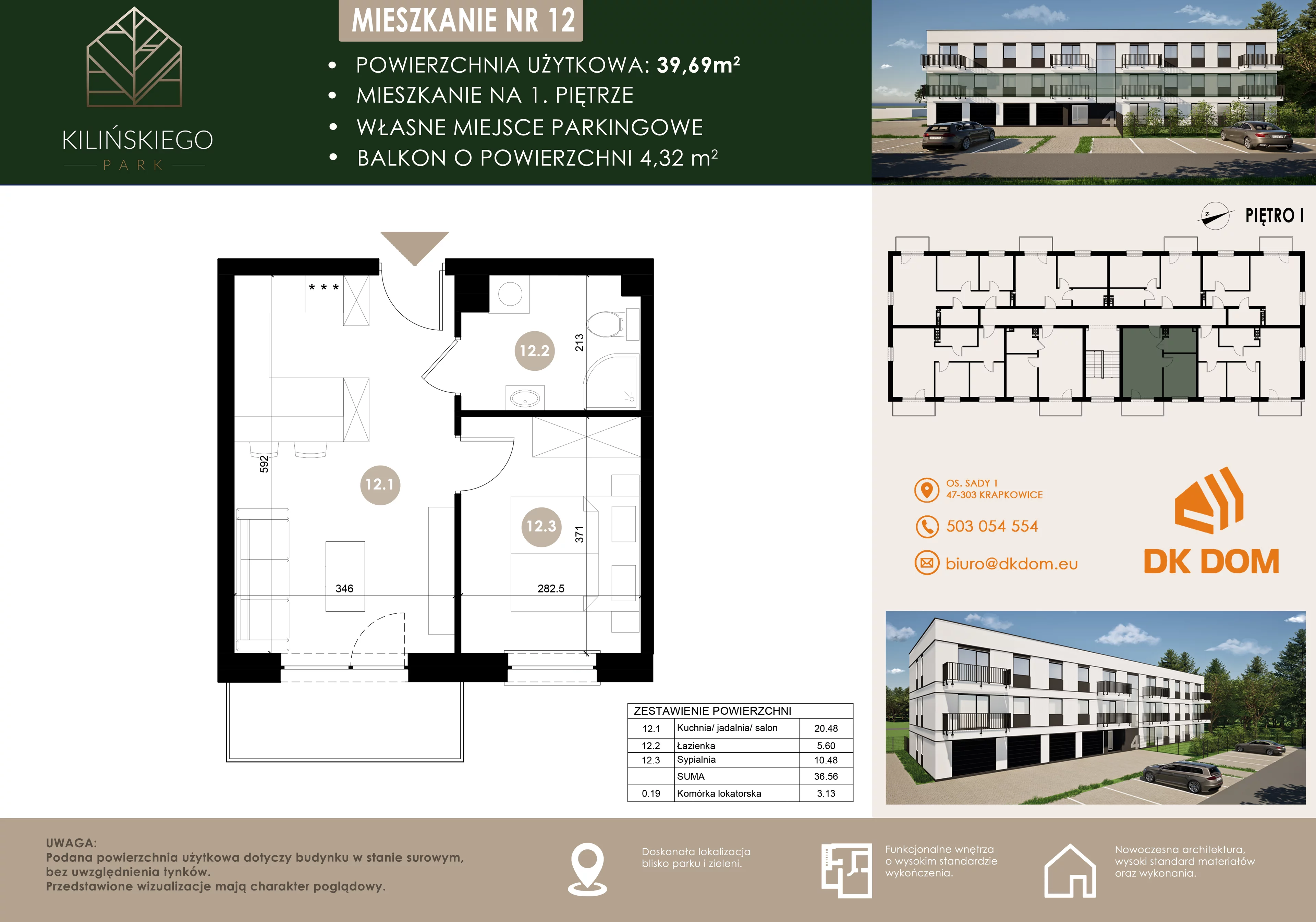 Mieszkanie 39,69 m², piętro 1, oferta nr 12, Kilińskiego Park, Krapkowice, ul. Kilińskiego