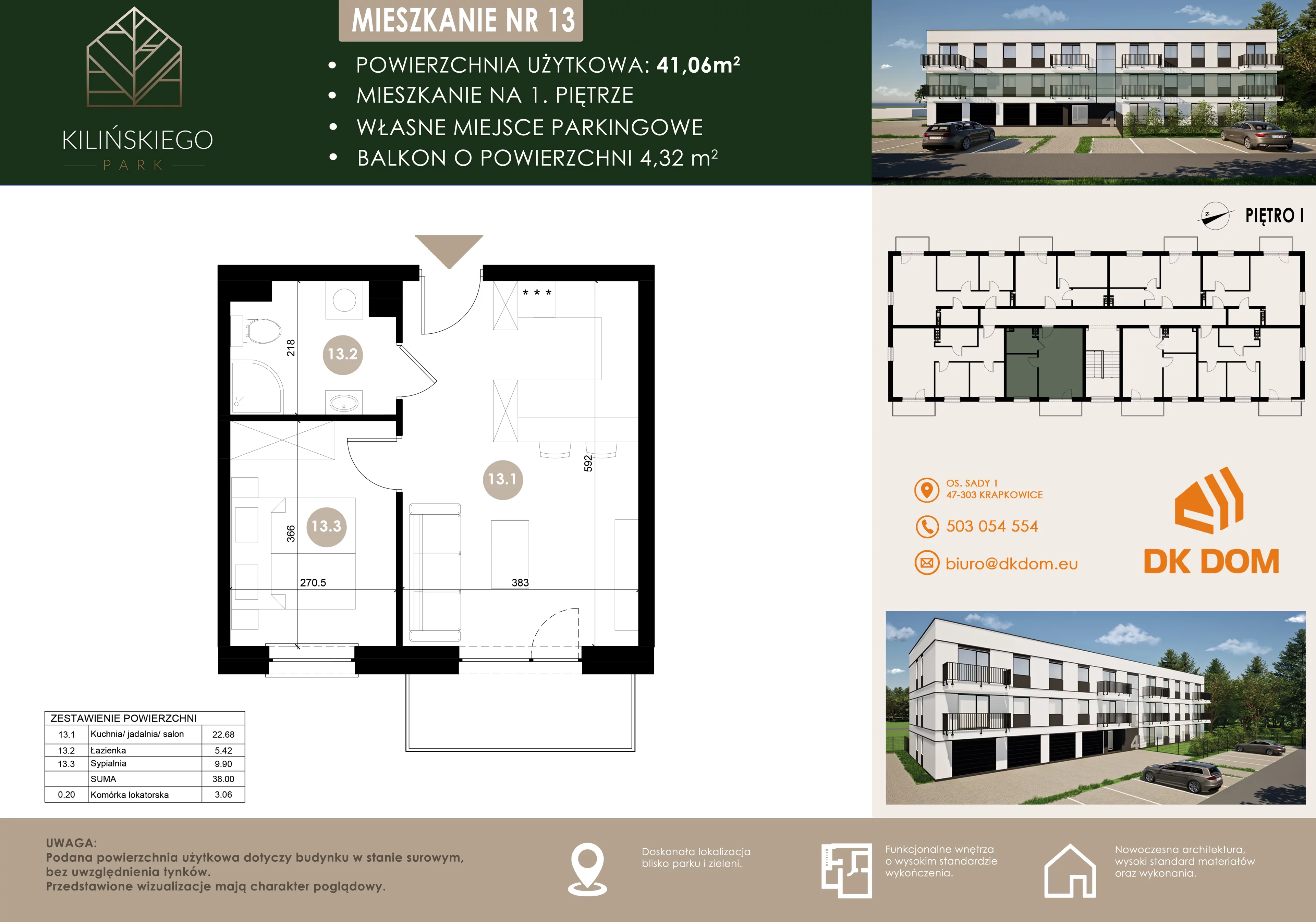 Mieszkanie 41,06 m², piętro 1, oferta nr 13, Kilińskiego Park, Krapkowice, ul. Kilińskiego