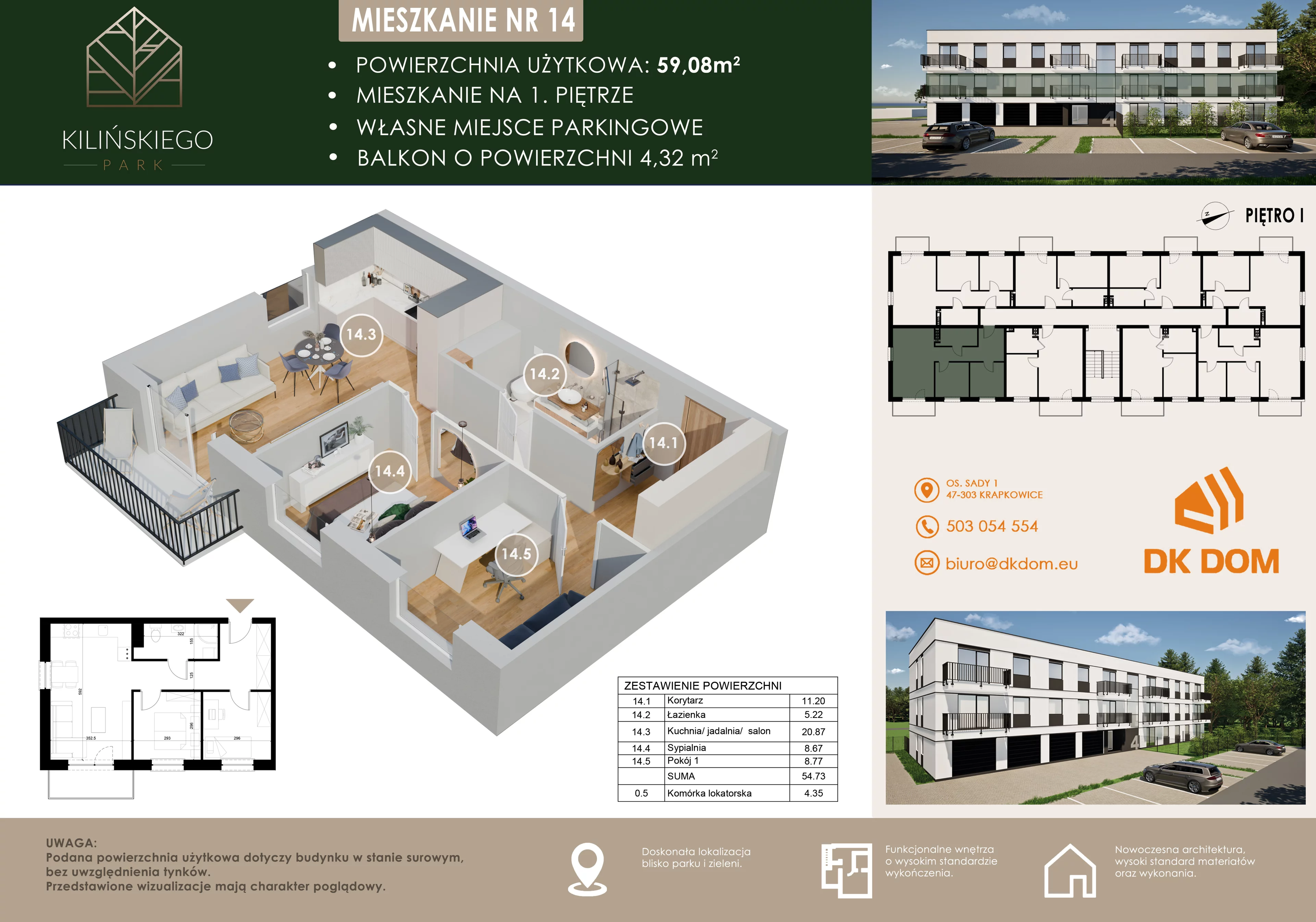 Mieszkanie 59,08 m², piętro 1, oferta nr 14, Kilińskiego Park, Krapkowice, ul. Kilińskiego