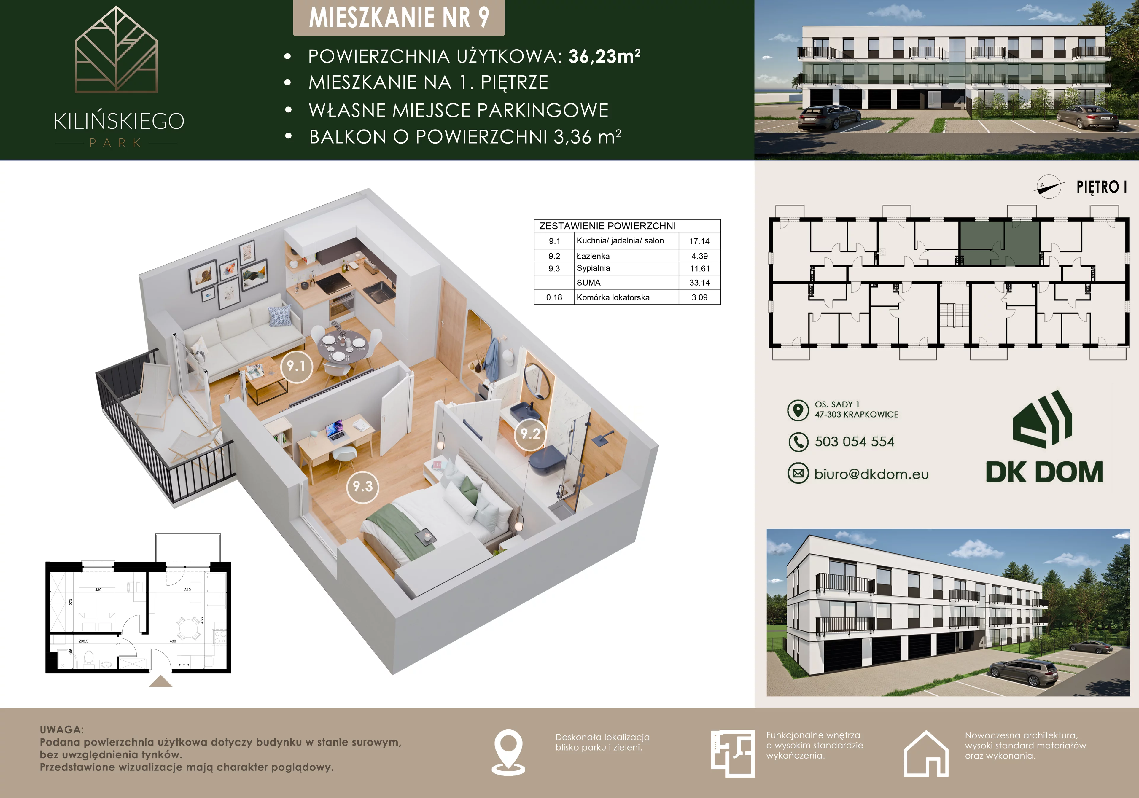 Mieszkanie 36,23 m², piętro 1, oferta nr 9, Kilińskiego Park, Krapkowice, ul. Kilińskiego