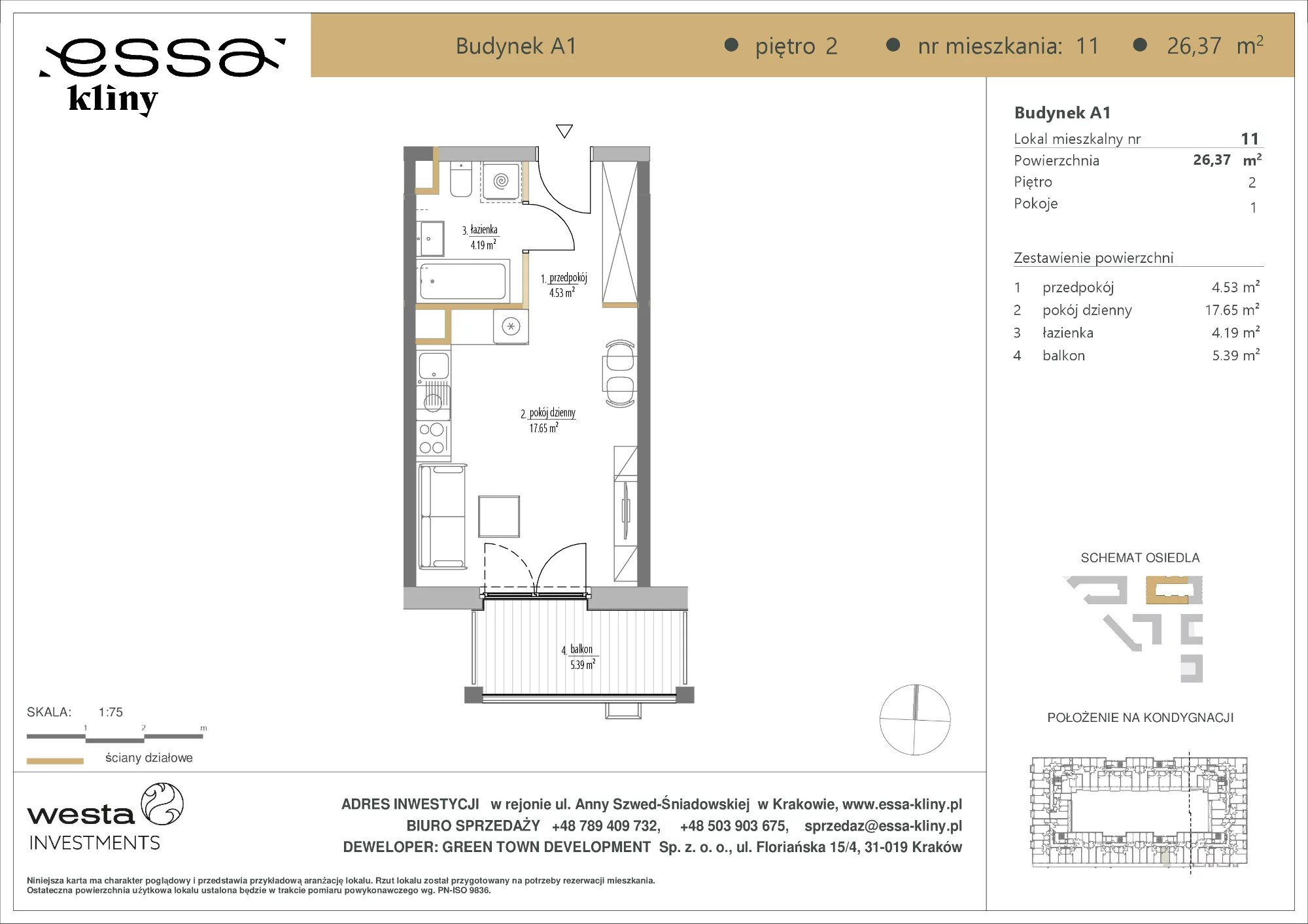 1 pokój, apartament 26,37 m², piętro 2, oferta nr A1/11, ESSA Kliny, Kraków, Swoszowice, Kliny, ul. Anny Szwed-Śniadowskiej