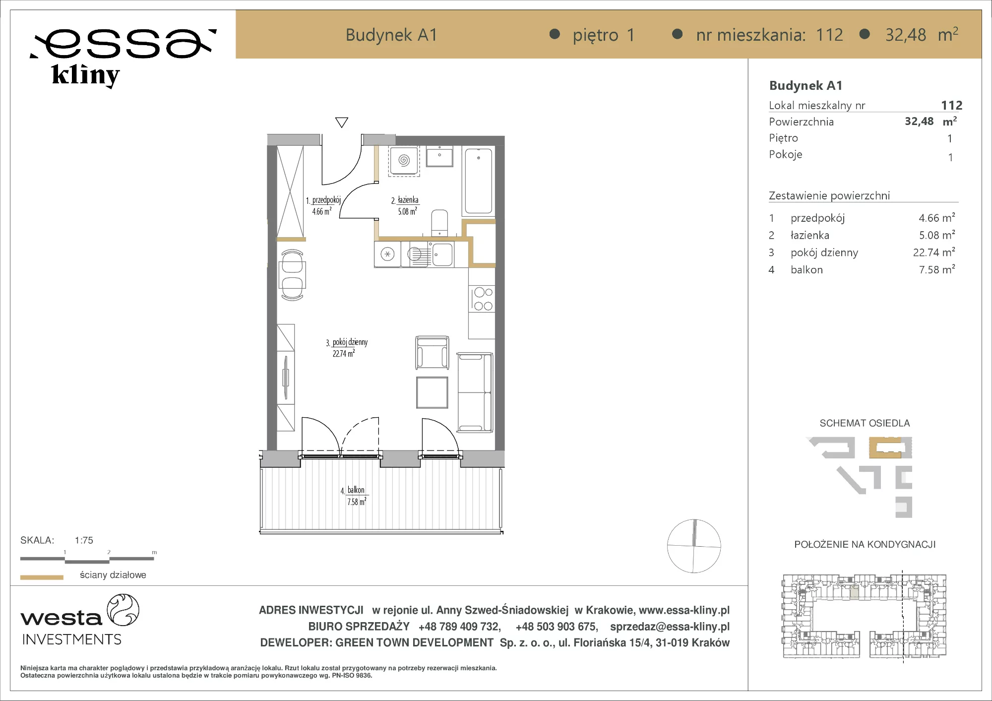 1 pokój, apartament 32,48 m², piętro 1, oferta nr A1/112, ESSA Kliny, Kraków, Swoszowice, Kliny, ul. Anny Szwed-Śniadowskiej