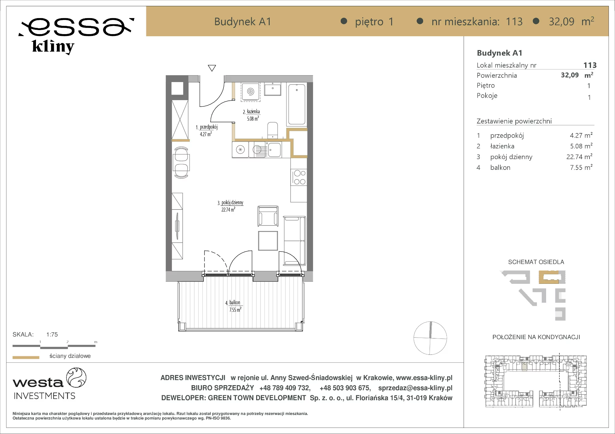 1 pokój, apartament 32,09 m², piętro 1, oferta nr A1/113, ESSA Kliny, Kraków, Swoszowice, Kliny, ul. Anny Szwed-Śniadowskiej