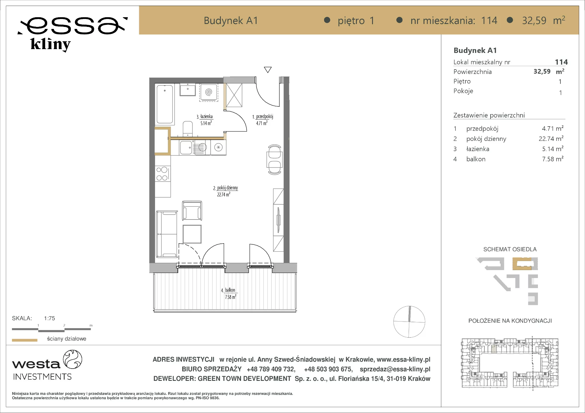 1 pokój, apartament 32,59 m², piętro 1, oferta nr A1/114, ESSA Kliny, Kraków, Swoszowice, Kliny, ul. Anny Szwed-Śniadowskiej