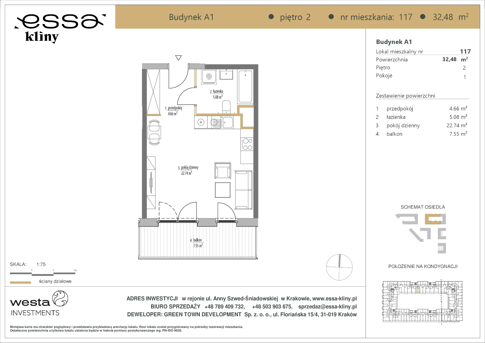 1 pokój, apartament 32,48 m², piętro 2, oferta nr A1/117, ESSA Kliny, Kraków, Swoszowice, Kliny, ul. Anny Szwed-Śniadowskiej