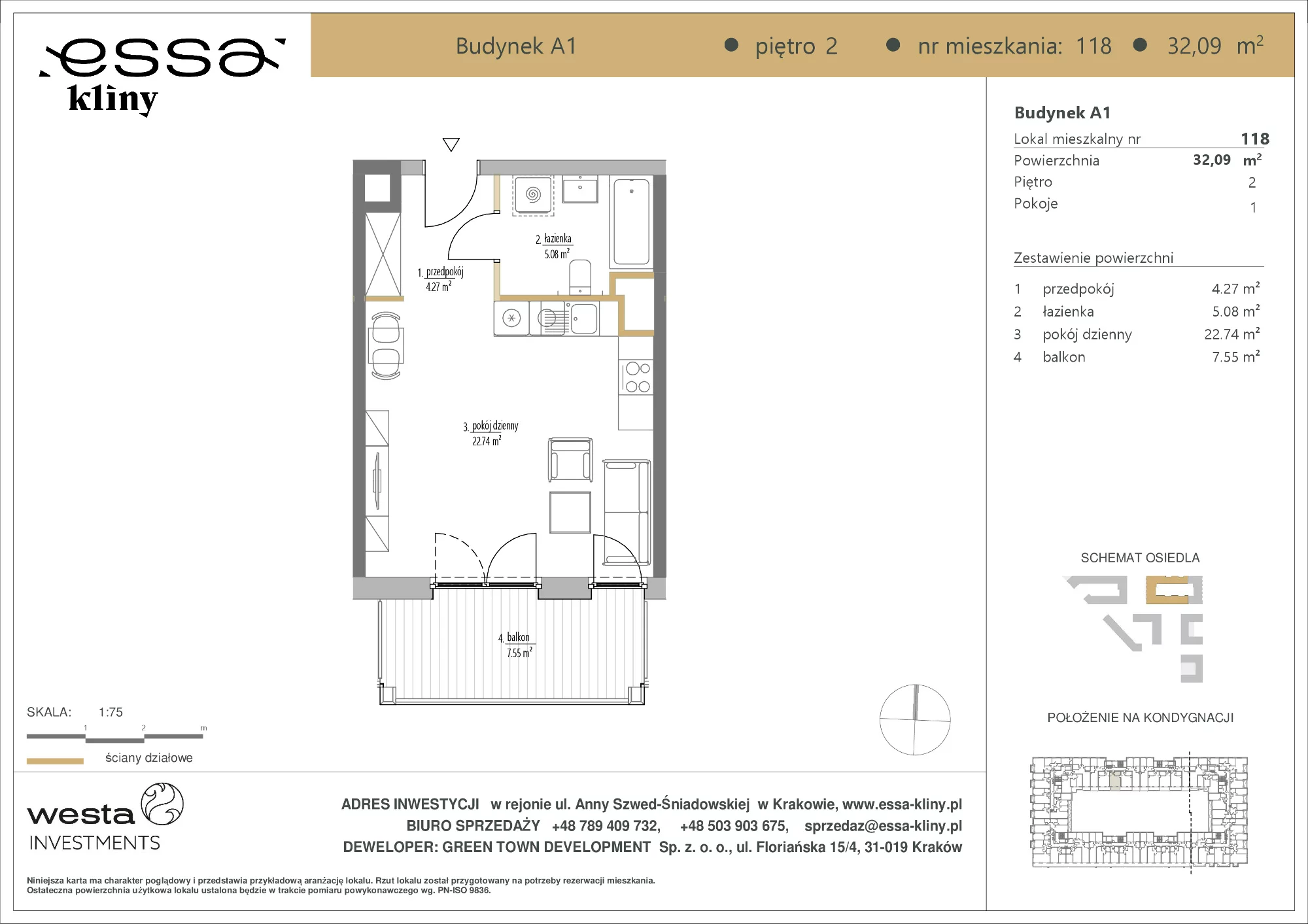 1 pokój, apartament 32,09 m², piętro 2, oferta nr A1/118, ESSA Kliny, Kraków, Swoszowice, Kliny, ul. Anny Szwed-Śniadowskiej