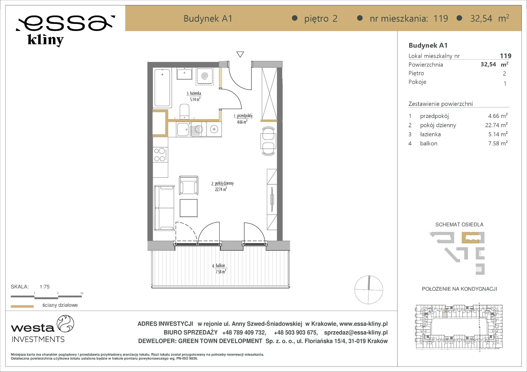 1 pokój, apartament 32,54 m², piętro 2, oferta nr A1/119, ESSA Kliny, Kraków, Swoszowice, Kliny, ul. Anny Szwed-Śniadowskiej