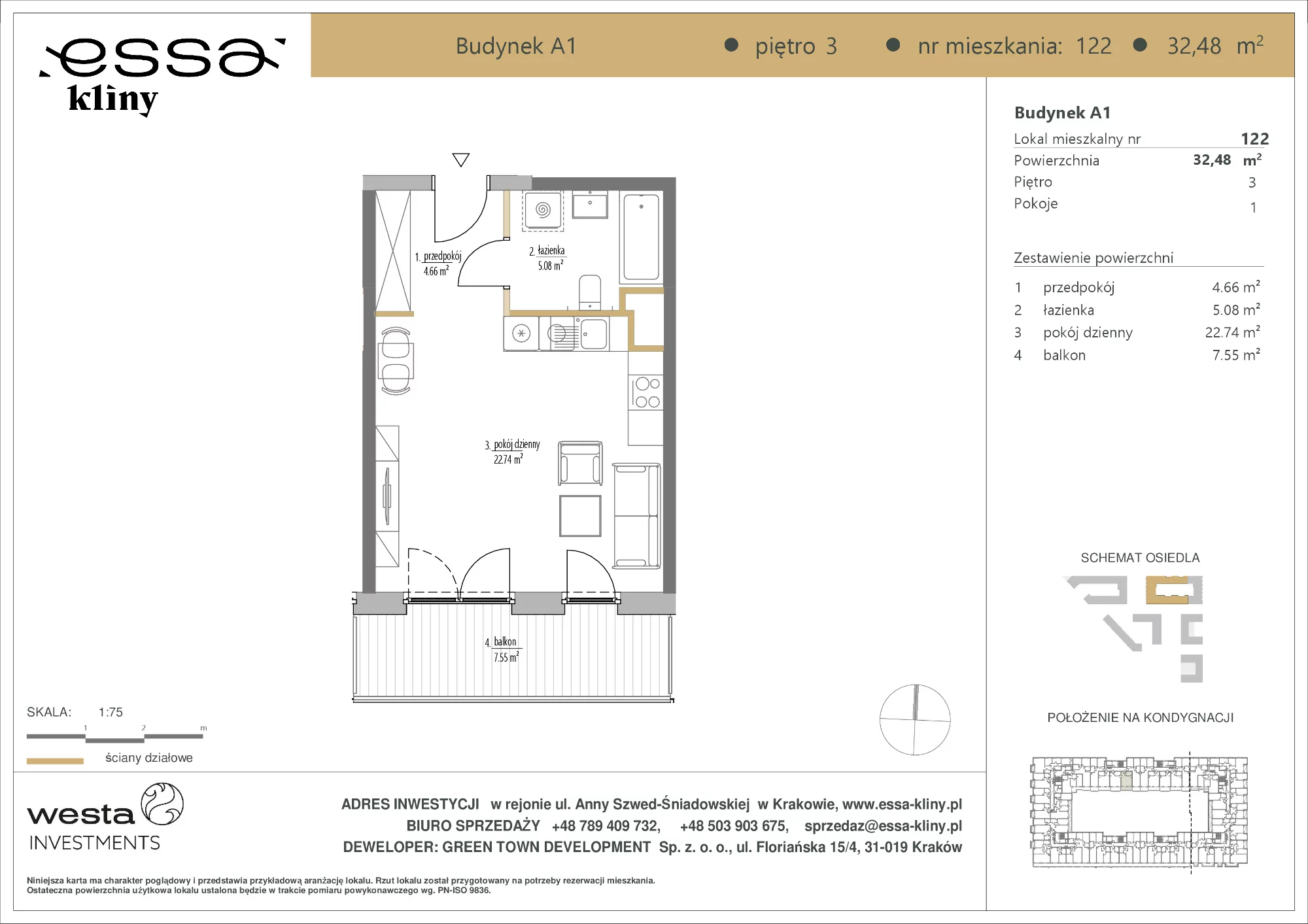 1 pokój, apartament 32,48 m², piętro 3, oferta nr A1/122, ESSA Kliny, Kraków, Swoszowice, Kliny, ul. Anny Szwed-Śniadowskiej