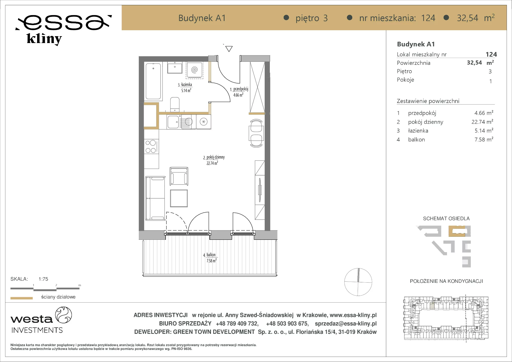 1 pokój, apartament 32,54 m², piętro 3, oferta nr A1/124, ESSA Kliny, Kraków, Swoszowice, Kliny, ul. Anny Szwed-Śniadowskiej