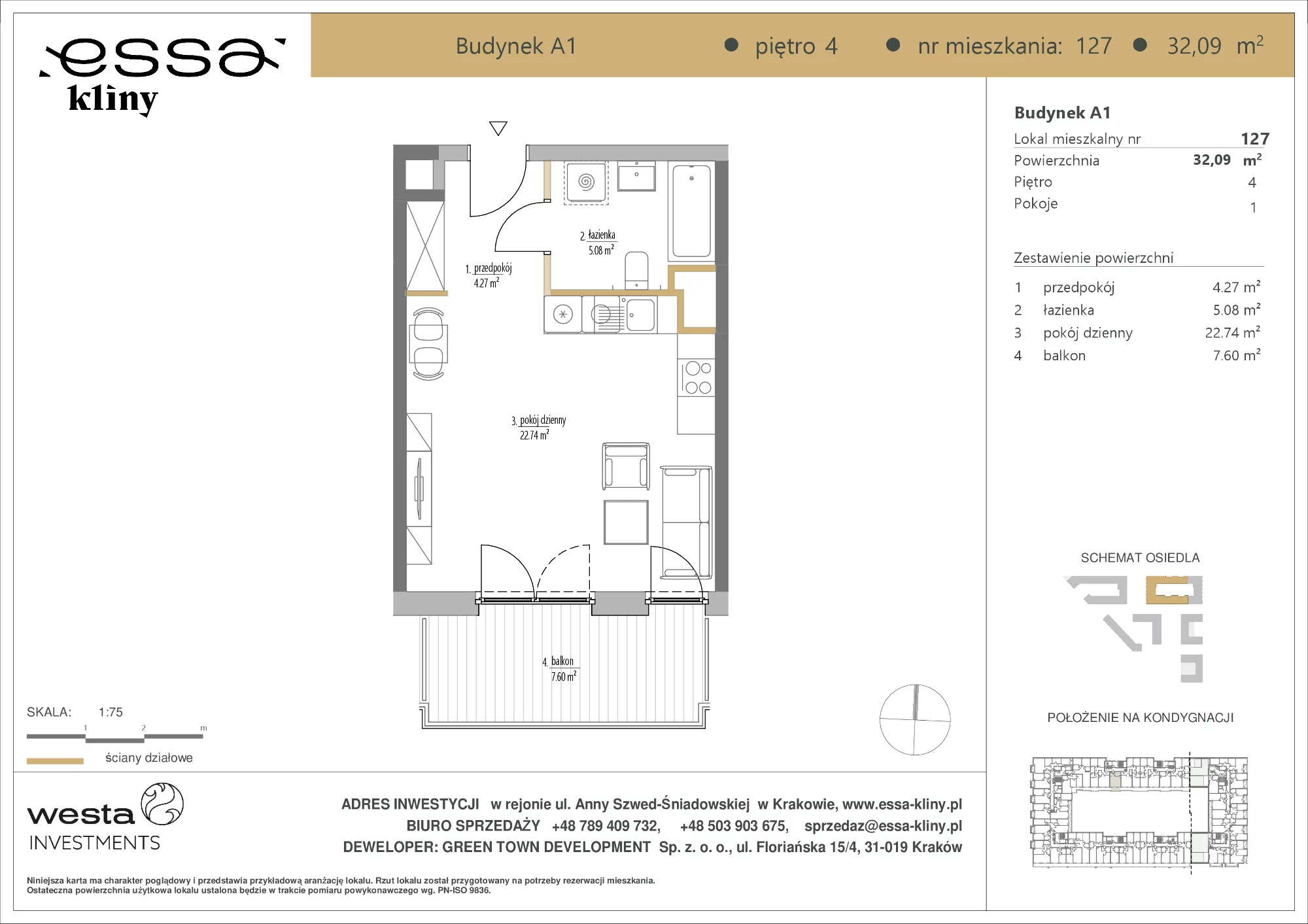 1 pokój, apartament 32,09 m², piętro 4, oferta nr A1/127, ESSA Kliny, Kraków, Swoszowice, Kliny, ul. Anny Szwed-Śniadowskiej