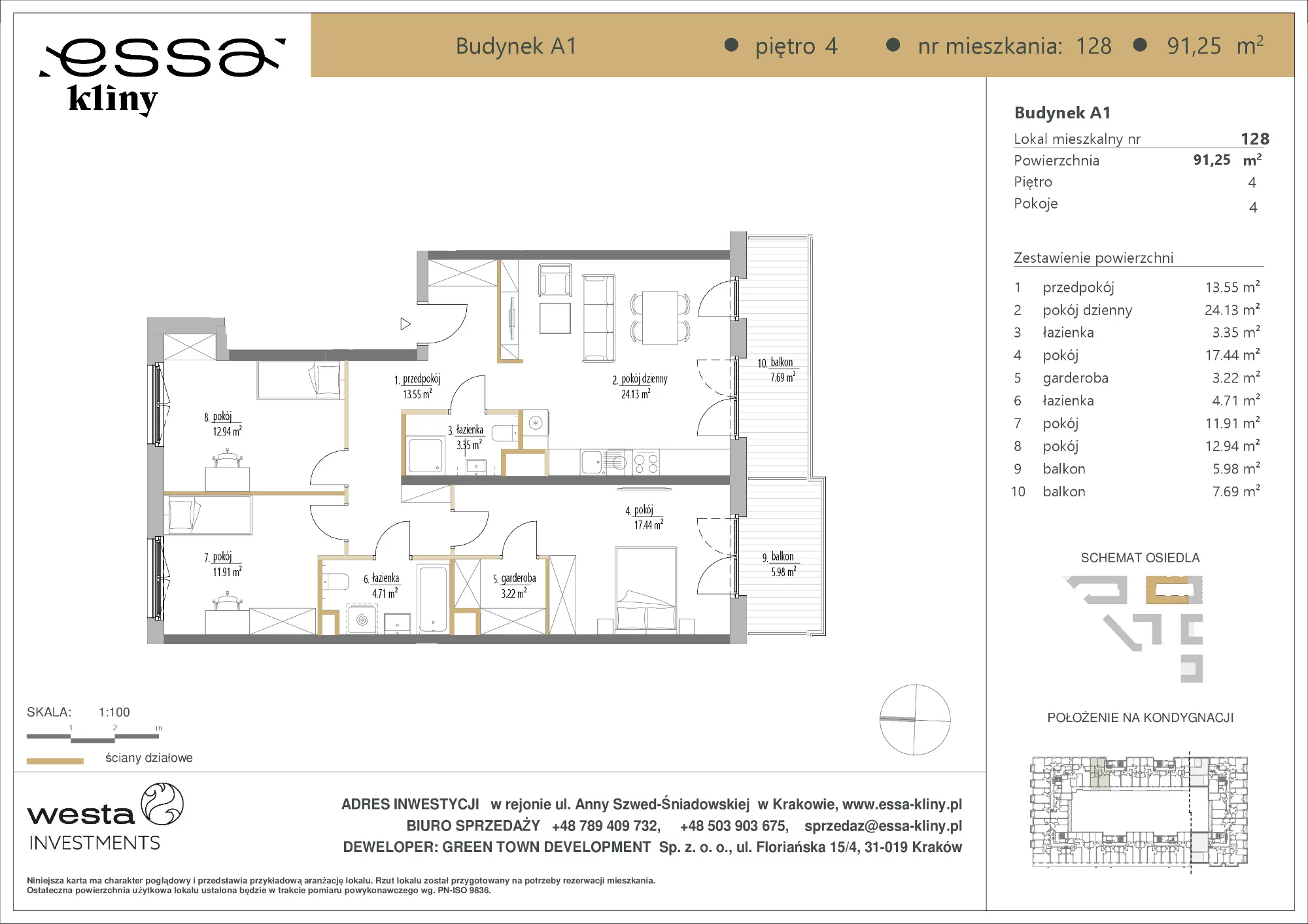 4 pokoje, mieszkanie 91,25 m², piętro 4, oferta nr A1/128, ESSA Kliny, Kraków, Swoszowice, Kliny, ul. Anny Szwed-Śniadowskiej