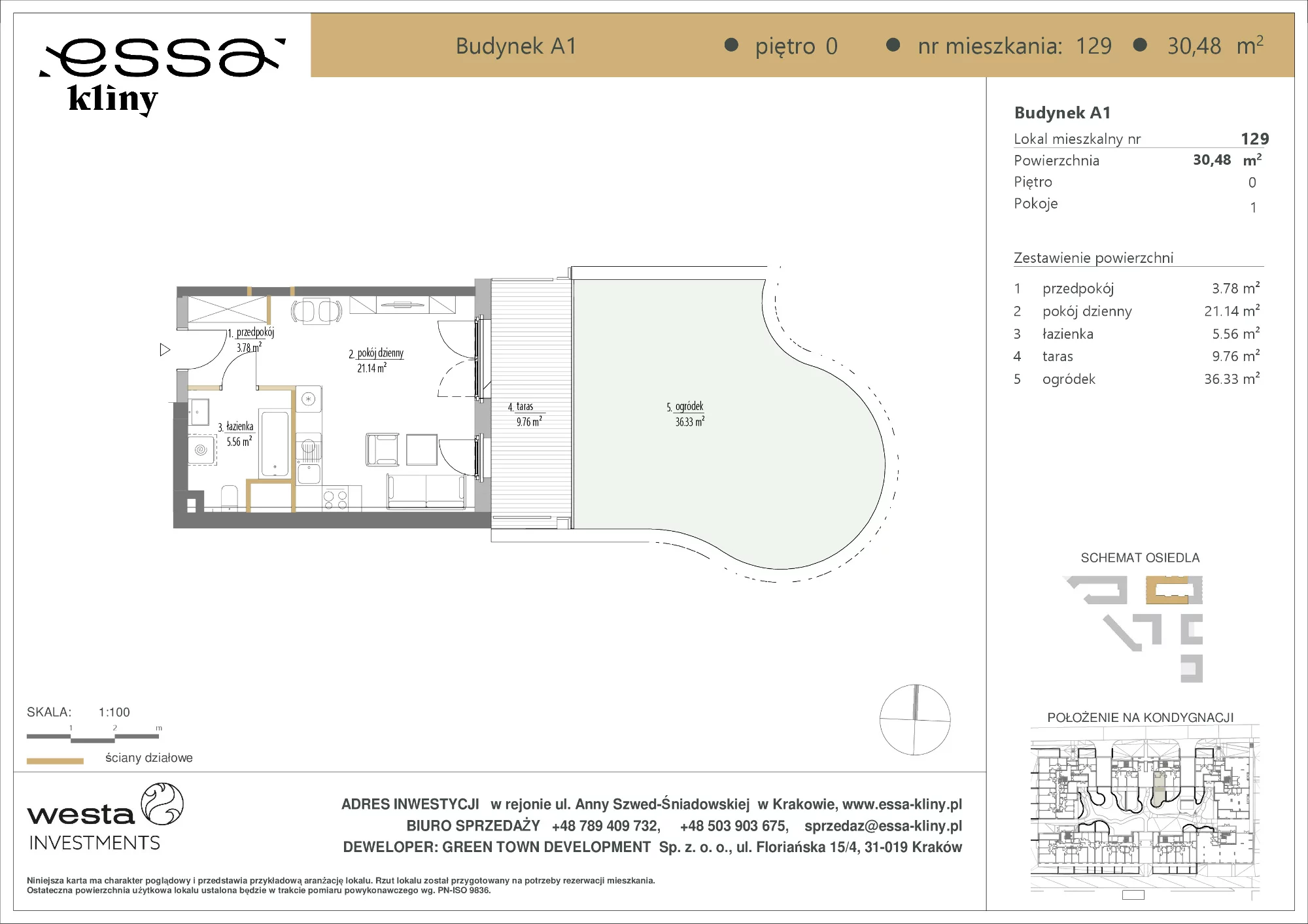 1 pokój, apartament 30,48 m², parter, oferta nr A1/129, ESSA Kliny, Kraków, Swoszowice, Kliny, ul. Anny Szwed-Śniadowskiej