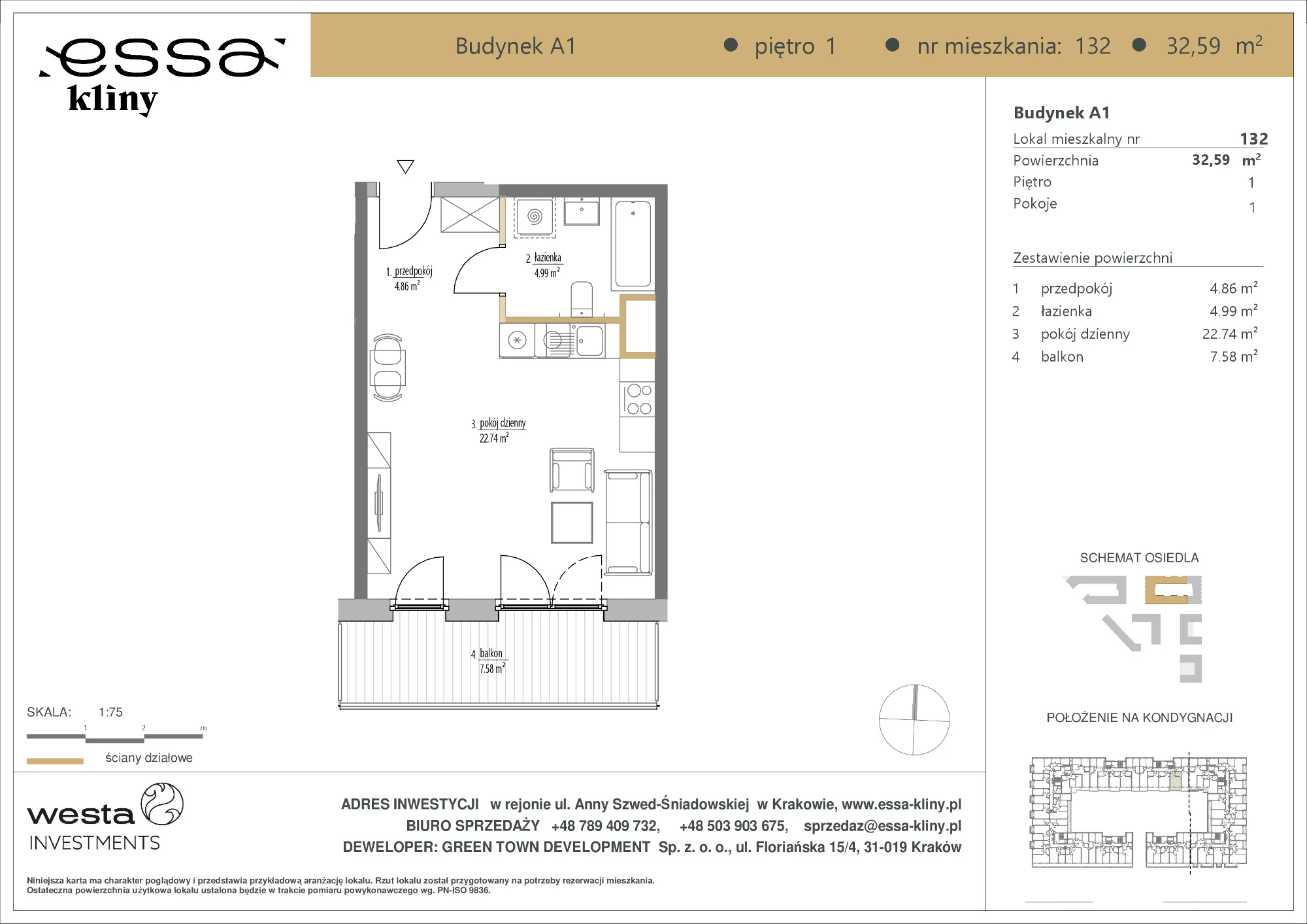 1 pokój, apartament 32,59 m², piętro 1, oferta nr A1/132, ESSA Kliny, Kraków, Swoszowice, Kliny, ul. Anny Szwed-Śniadowskiej