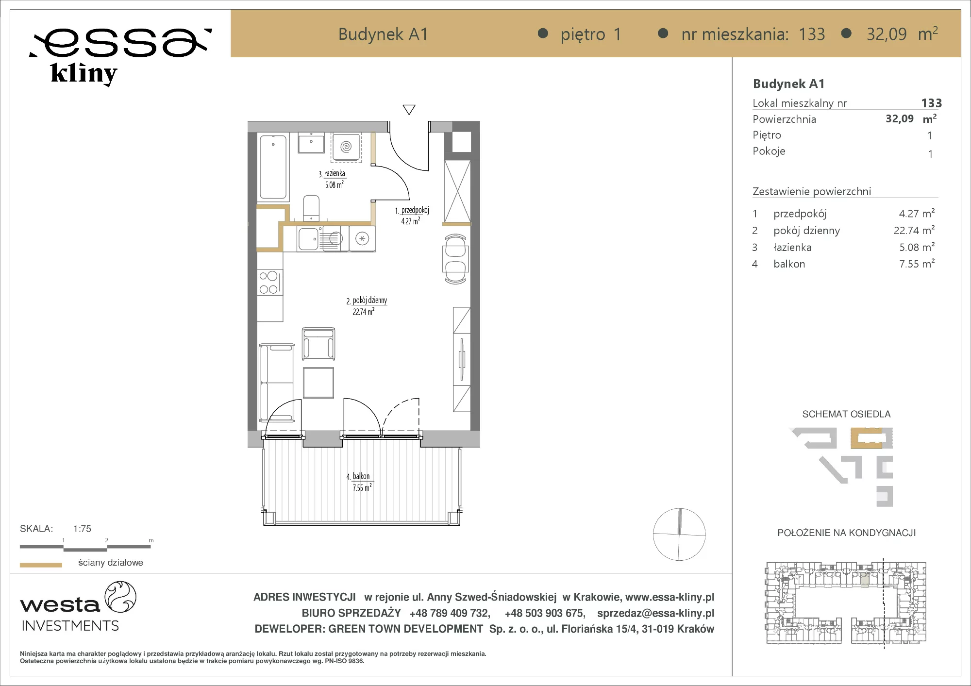 1 pokój, apartament 32,09 m², piętro 1, oferta nr A1/133, ESSA Kliny, Kraków, Swoszowice, Kliny, ul. Anny Szwed-Śniadowskiej