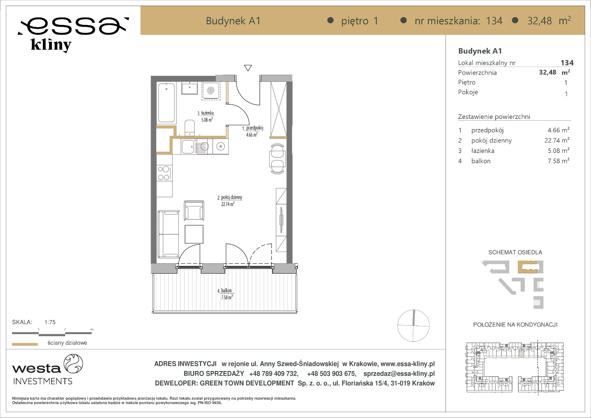 1 pokój, apartament 32,48 m², piętro 1, oferta nr A1/134, ESSA Kliny, Kraków, Swoszowice, Kliny, ul. Anny Szwed-Śniadowskiej