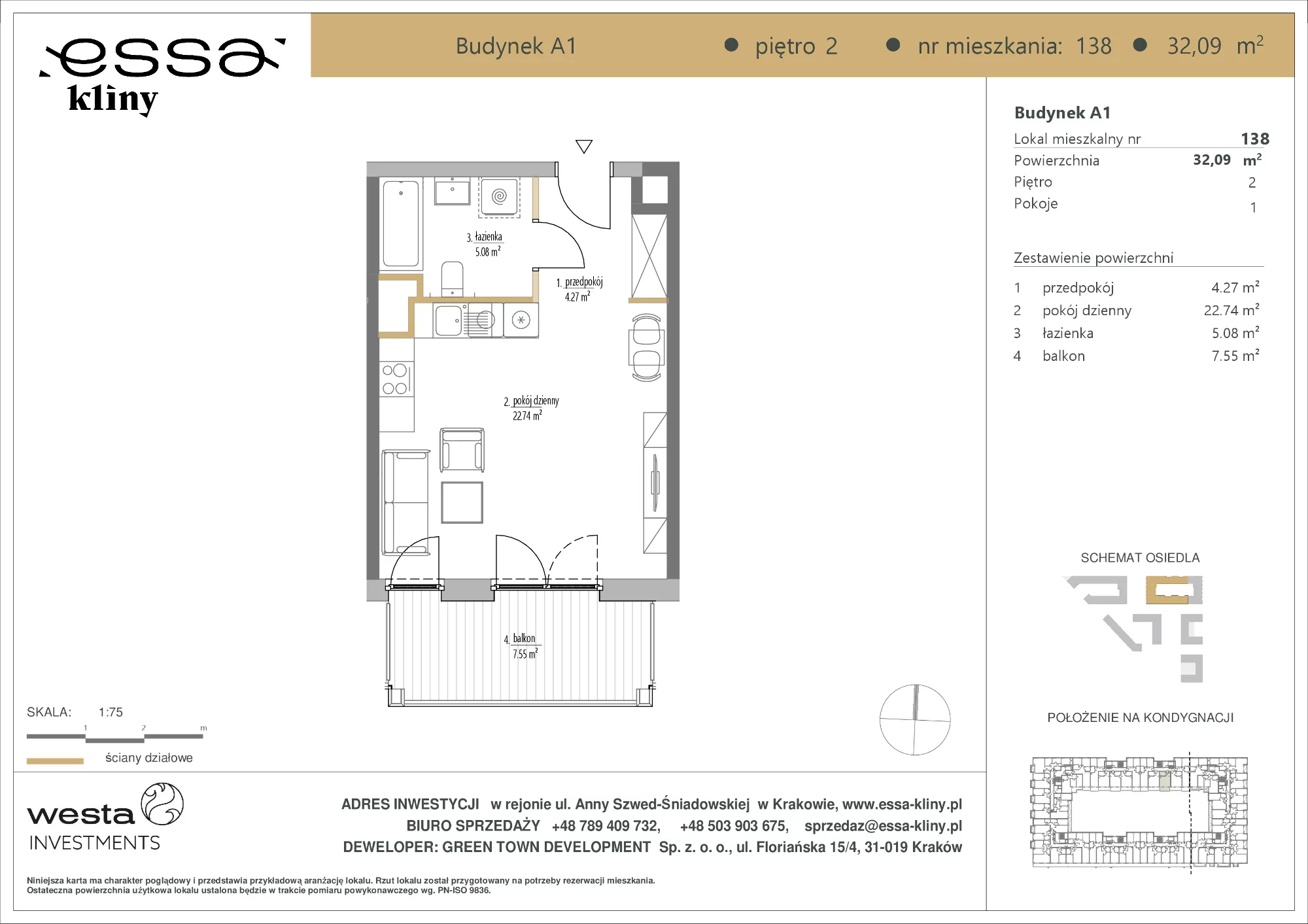 1 pokój, apartament 32,09 m², piętro 2, oferta nr A1/138, ESSA Kliny, Kraków, Swoszowice, Kliny, ul. Anny Szwed-Śniadowskiej